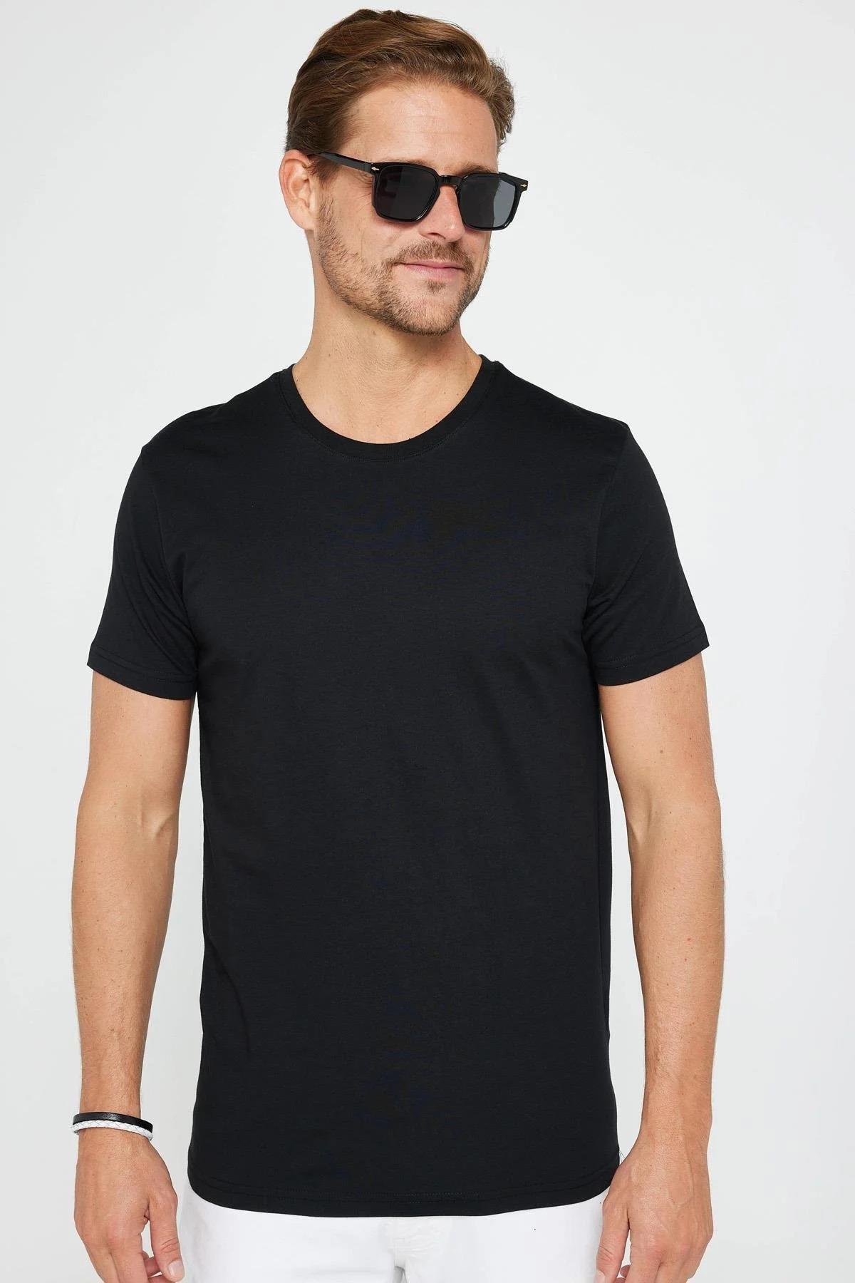 Tudors  Unisex 5'li Paket Siyah-Beyaz Slim Fit Dar Kesim %100 Pamuk Bisiklet Yaka Tişört - Görsel 4