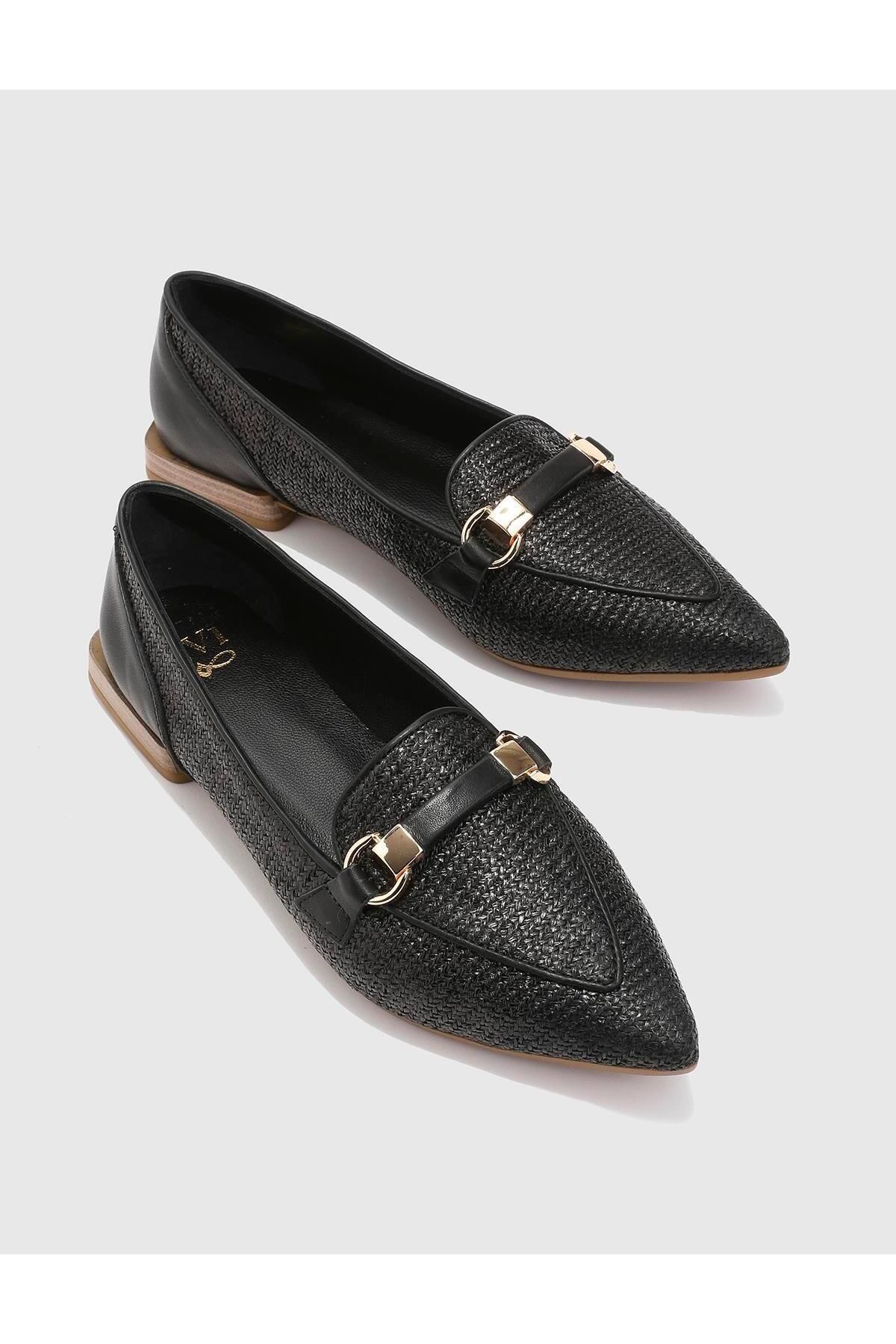 İLVİ-Andra Genuine Leather Straw Women's Black Loafer Shoes 2