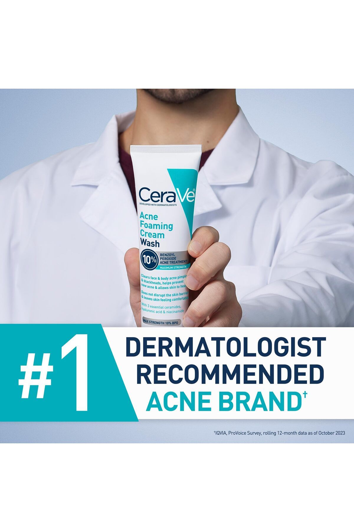 CeraVe-Acne Foaming Cream Wash with 10% Benzoyl Peroxide, Hyaluronic Acid, Niacinamide, 5 Oz 6
