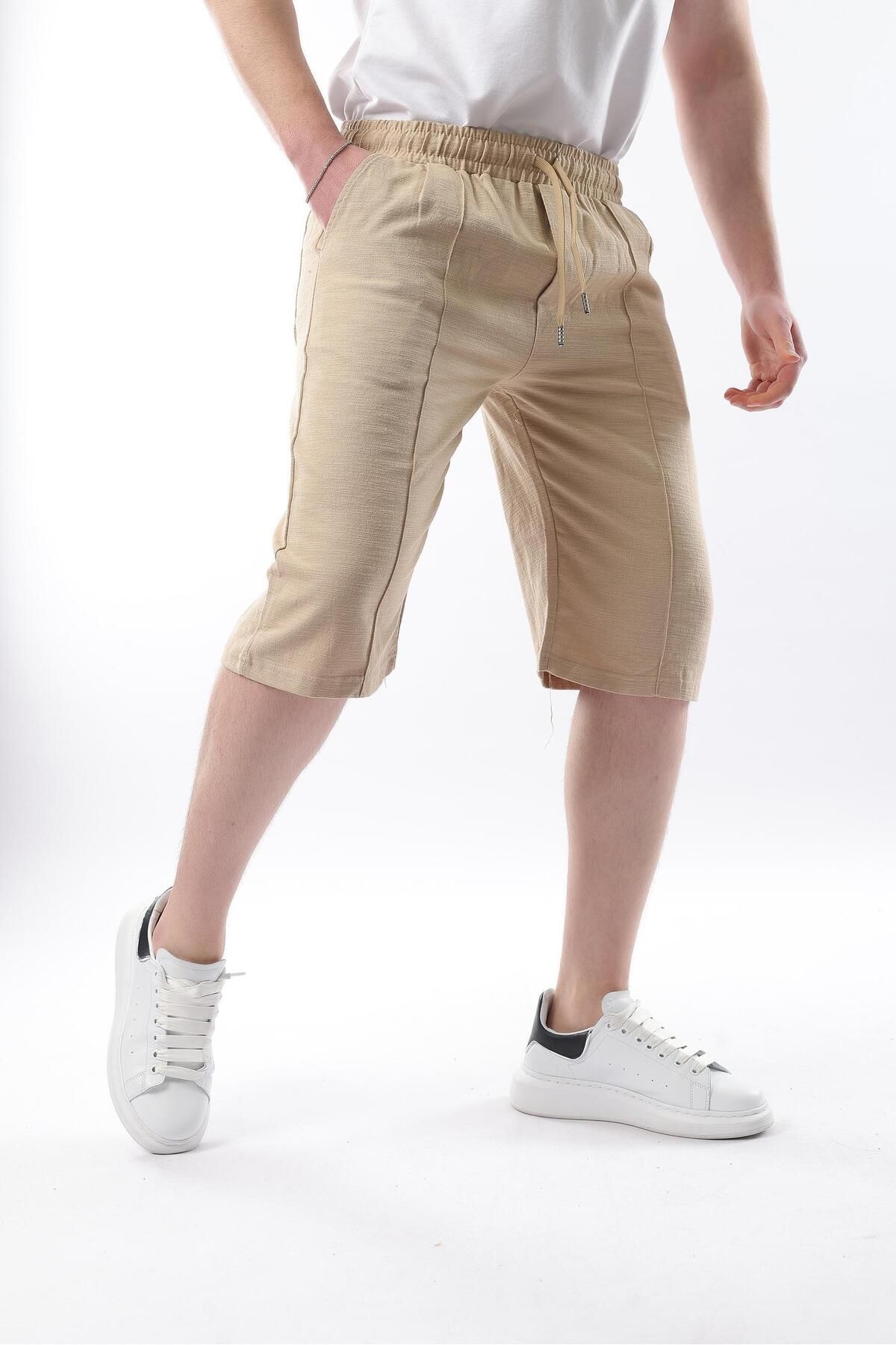 Madmext-Beige Men's Linen Capri Shorts 6538 4