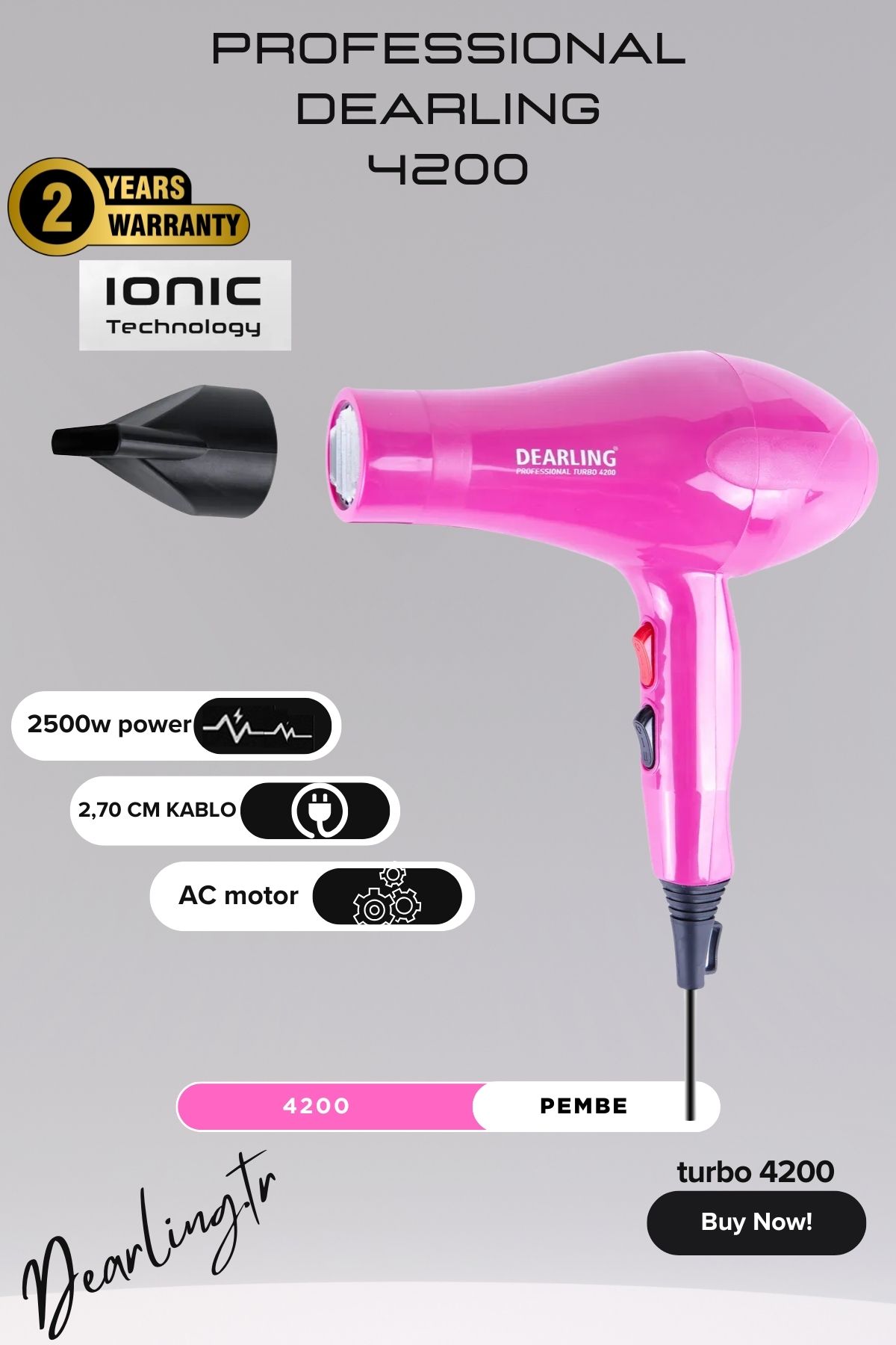 Dearling-Professional 2500W Ionic Blow Dryer 2 Heat and Speed Settings Fuchsia Energy with 2 Years Warranty 1