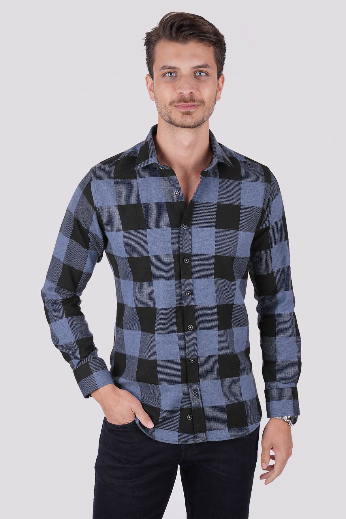 Etikmen-Blue Black Checker Pattern Lumberjack Gift Boxed Men's Shirt 4