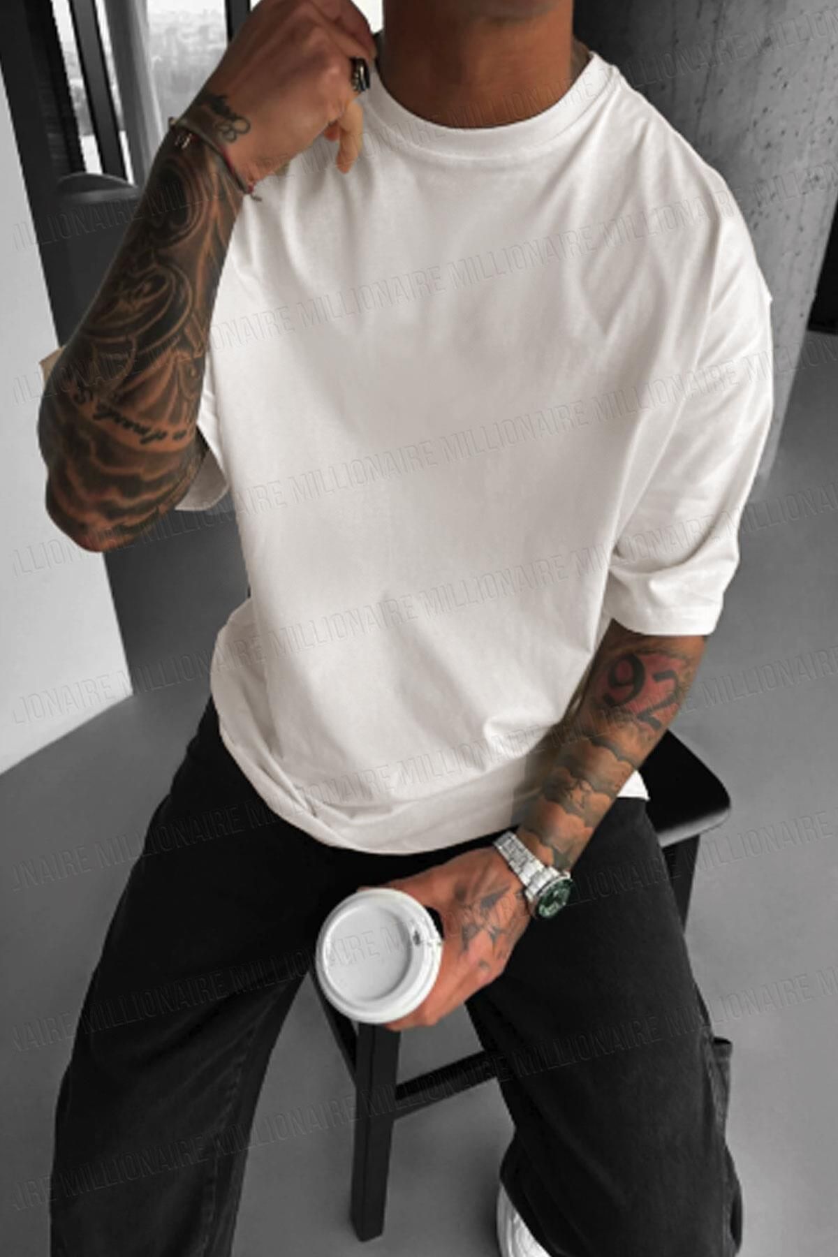 Millionaire-Men's White Black Jack Oversize Fit Loose Wide Fit Loose Cut T-Shirt 3