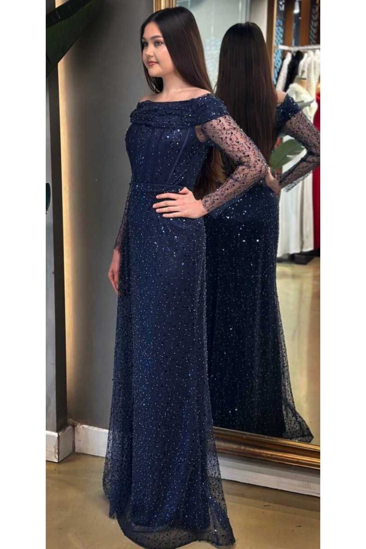 Abiyeniall-Navy Blue Long Sleeve Straight Cut Sequin Beaded Long Evening Dress 7675 3