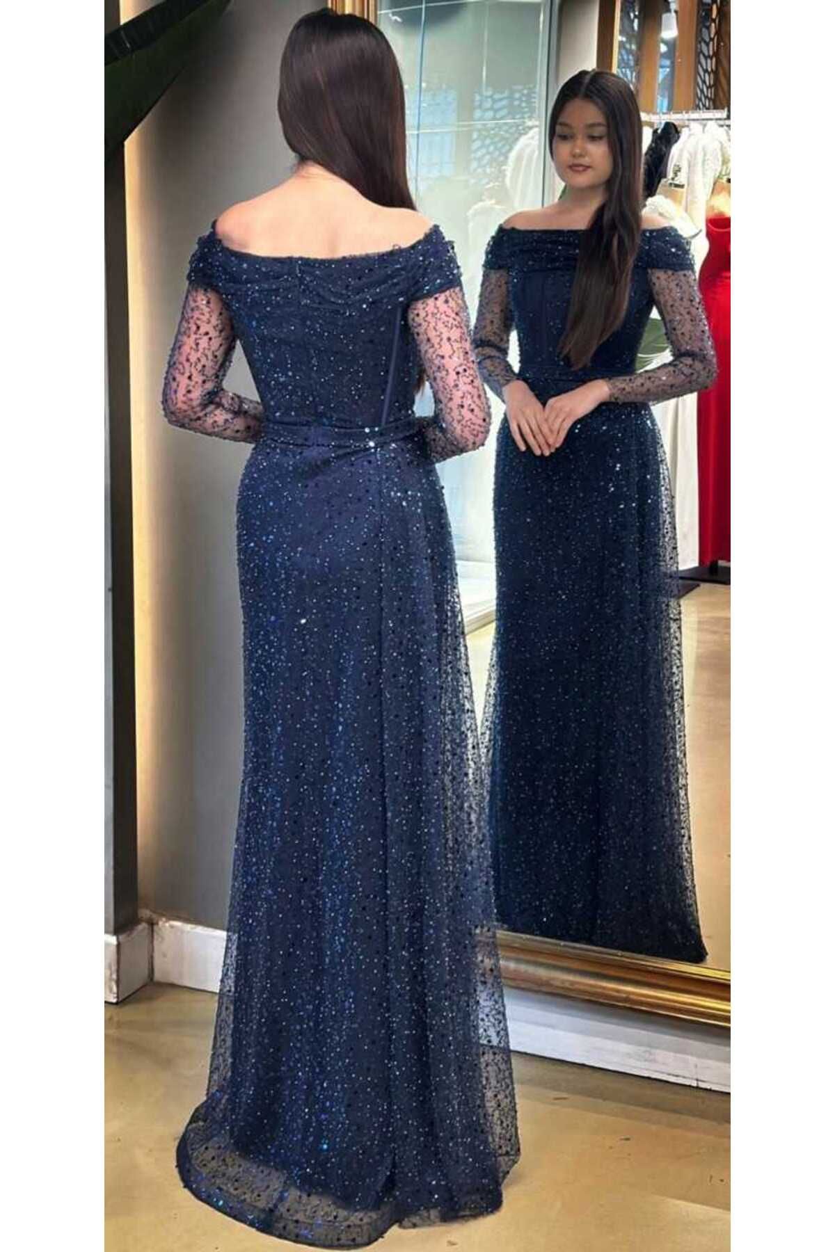 Abiyeniall-Navy Blue Long Sleeve Straight Cut Sequin Beaded Long Evening Dress 7675 5