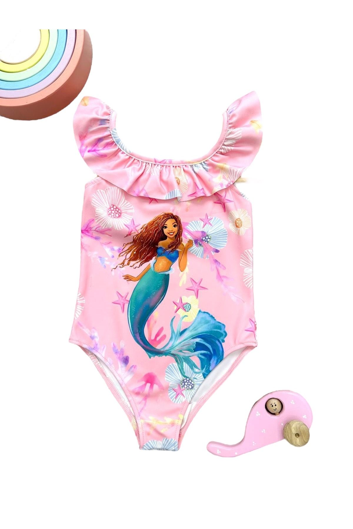 Lolliboomkids-Girl's Mermaid Pattern Ruffle Collar Powder Pink Color Detailed Swimsuit New Season 2