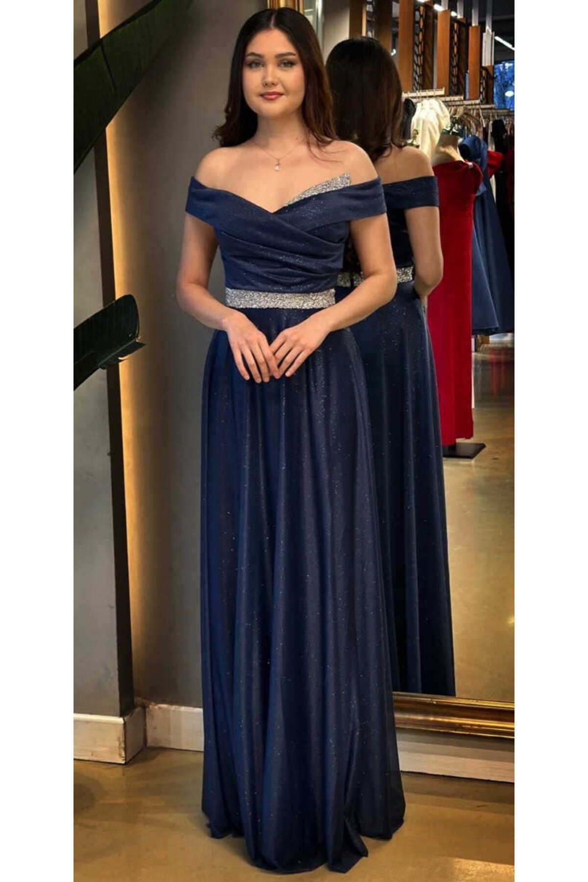 Abiyeniall-Navy Blue Stone Detailed Flared Skirt Glittered Long Evening Dress 7661 1