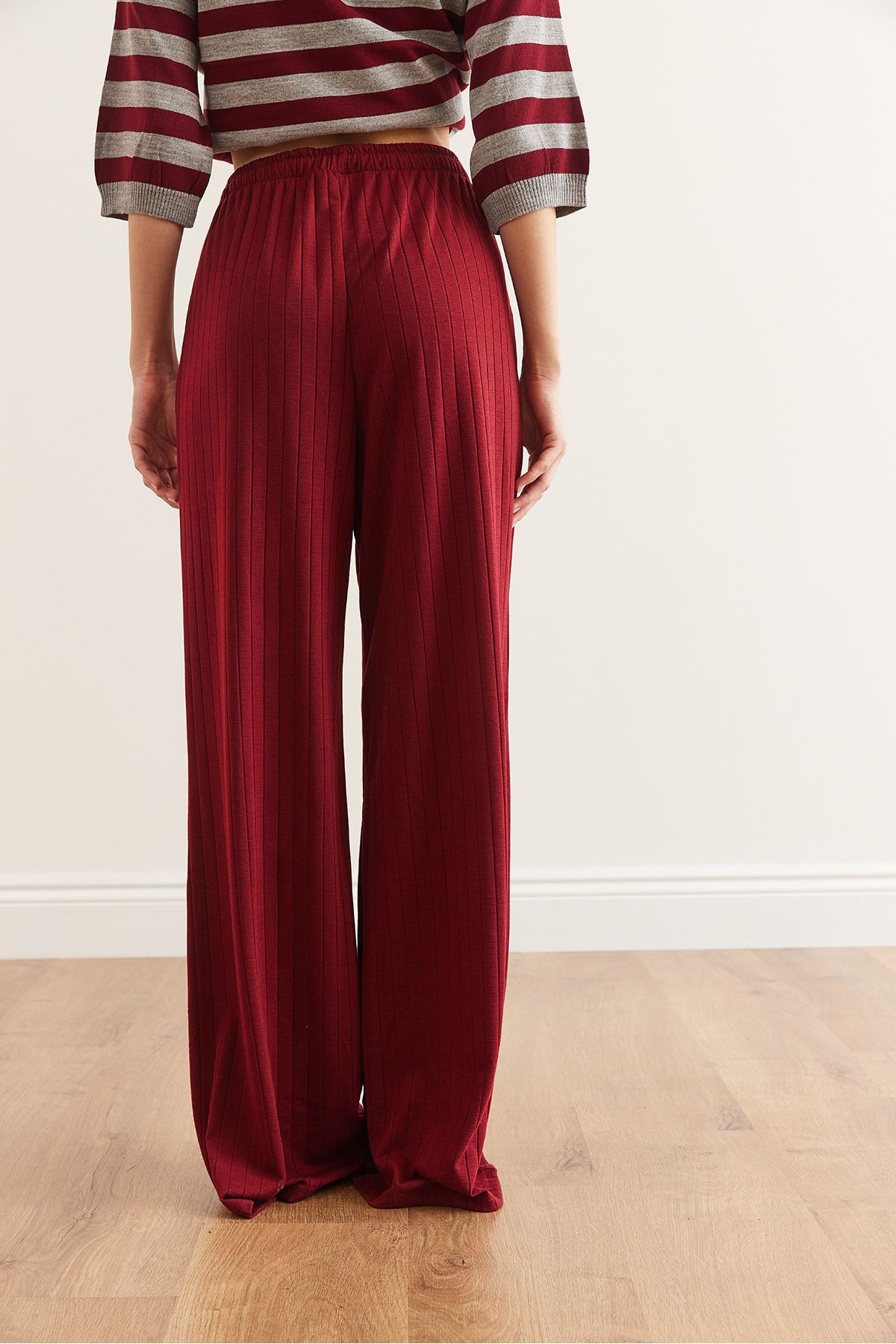 Olalook-Pantaloni de pijama groși cu nervuri burgundy - PJMA lejer cu șireturi și buzunare- 0000003 7