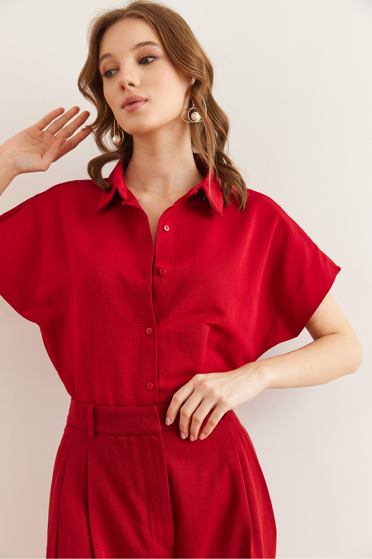 Olalook  Kadın Bordo Yarasa Oversize Keten Gömlek GML-19001109 - Görsel 7