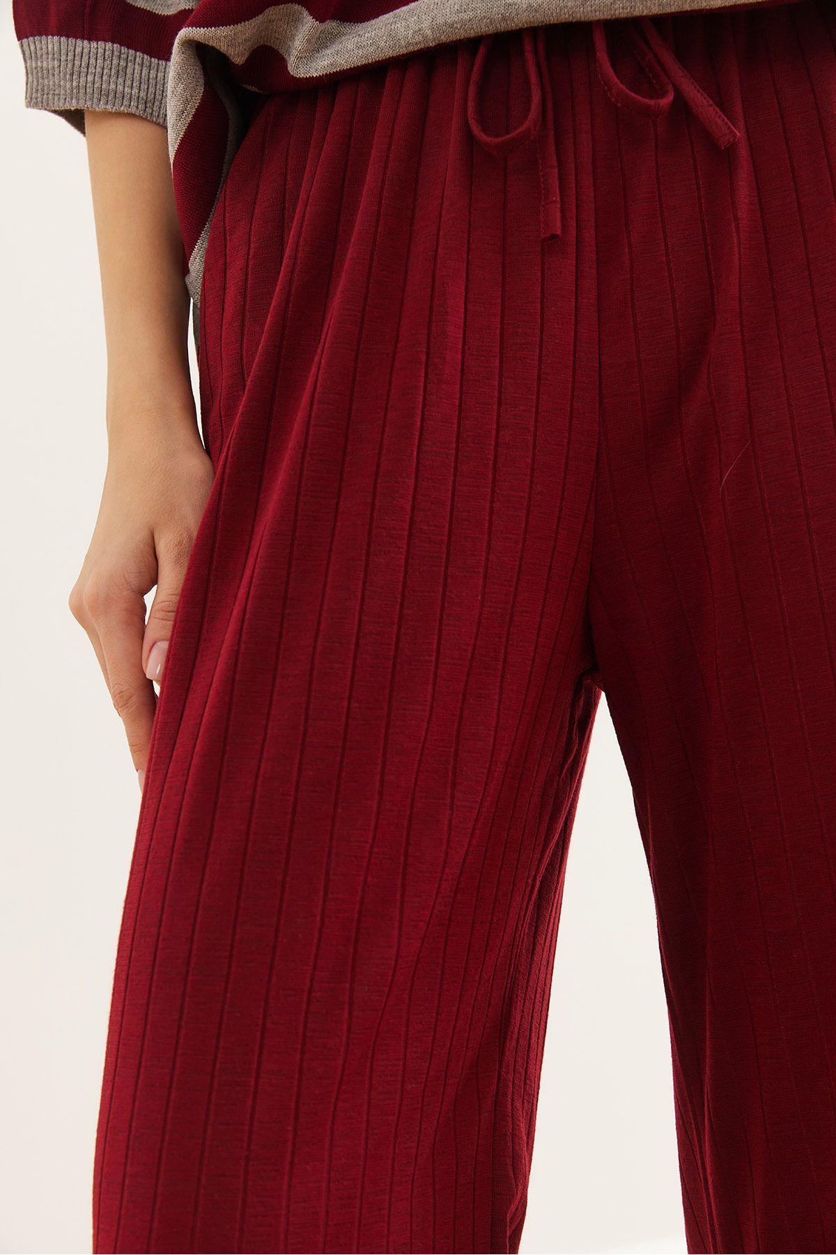 Olalook-Pantaloni de pijama groși cu nervuri burgundy - PJMA lejer cu șireturi și buzunare- 0000003 6