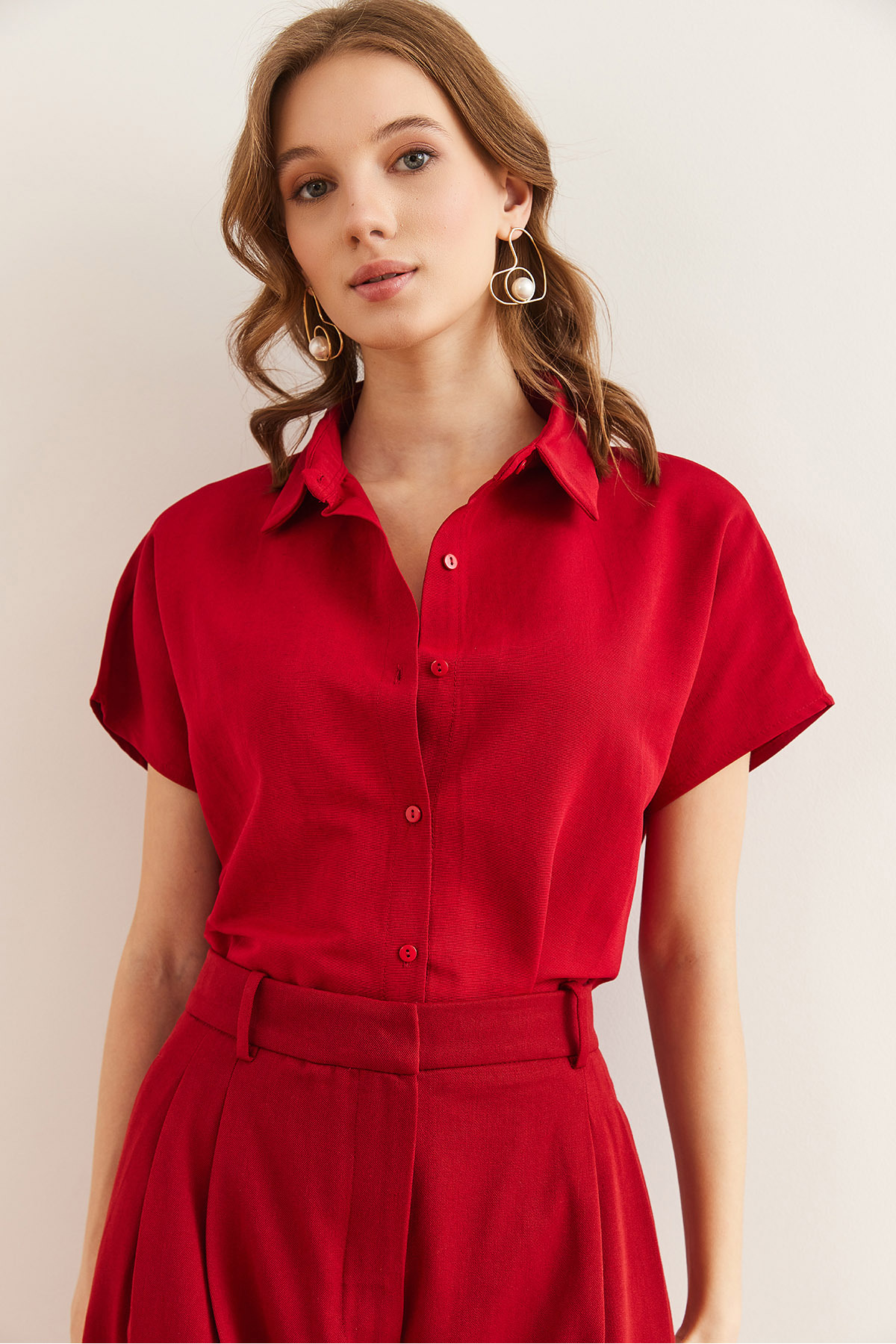 Olalook  Kadın Bordo Yarasa Oversize Keten Gömlek GML-19001109 - Görsel 3