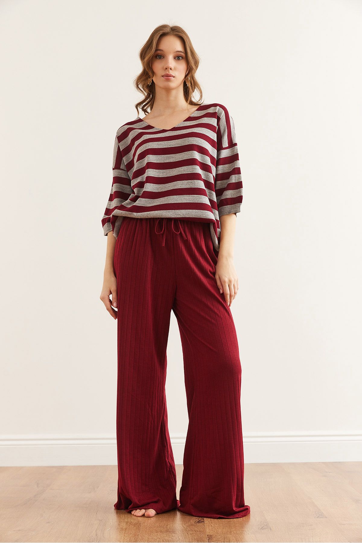 Olalook-Pantaloni de pijama groși cu nervuri burgundy - PJMA lejer cu șireturi și buzunare- 0000003 2