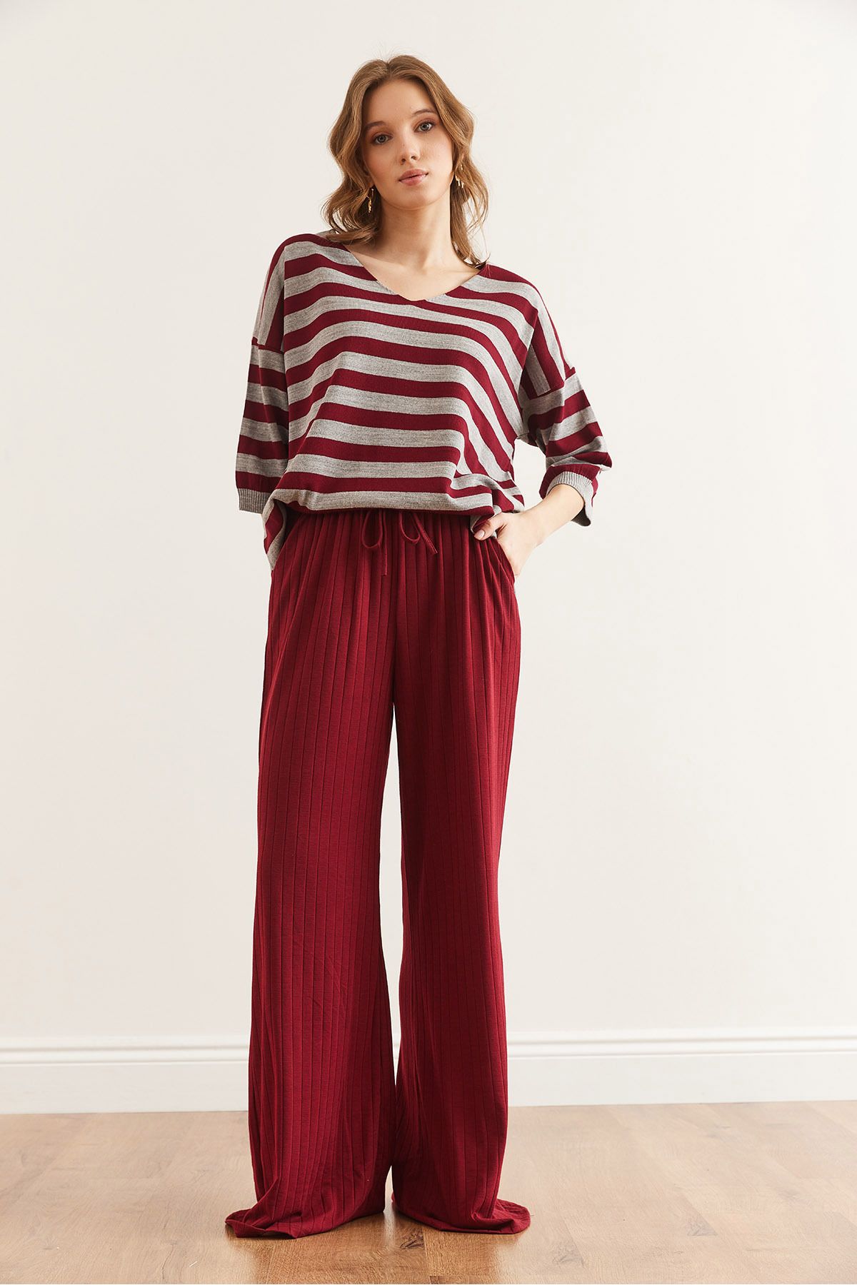 Olalook-Pantaloni de pijama groși cu nervuri burgundy - PJMA lejer cu șireturi și buzunare- 0000003 4