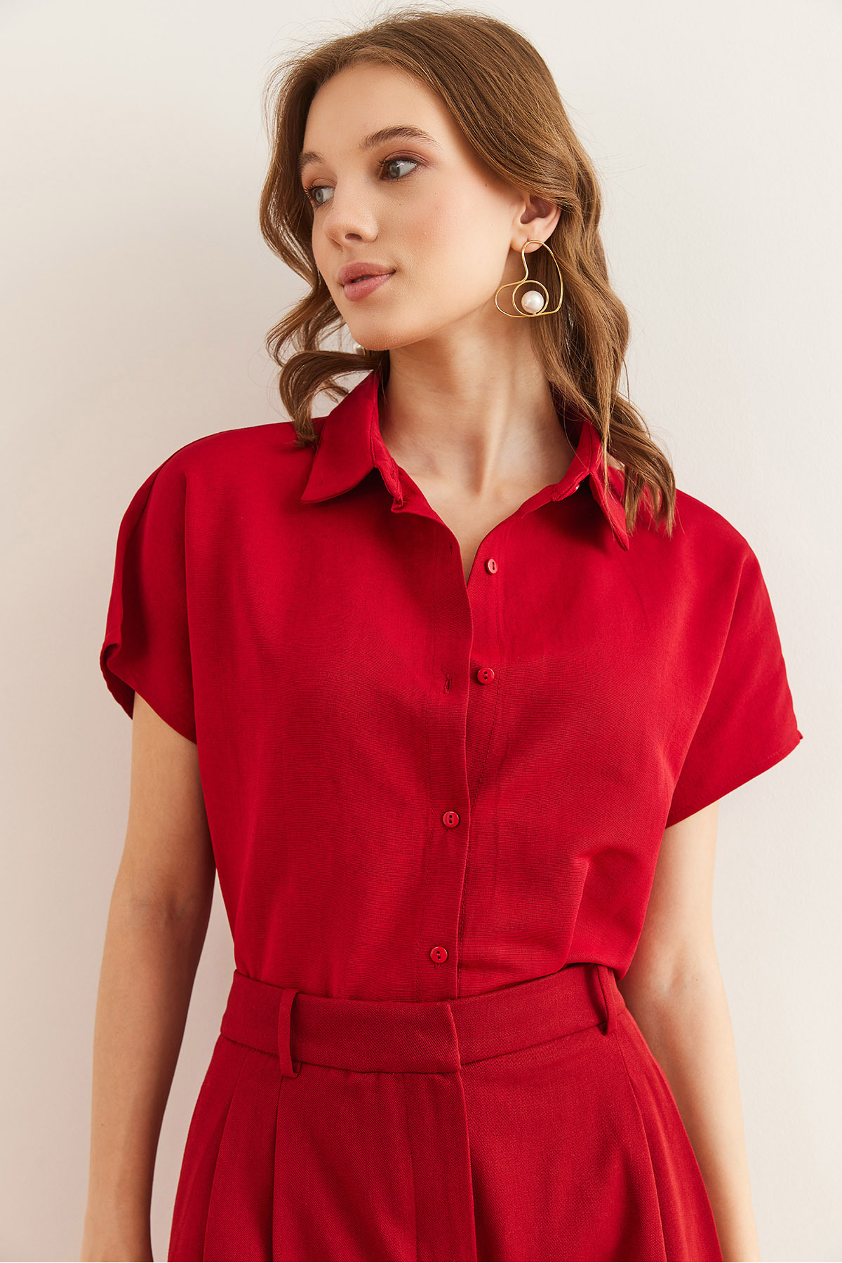 Olalook  Kadın Bordo Yarasa Oversize Keten Gömlek GML-19001109 - Görsel 4