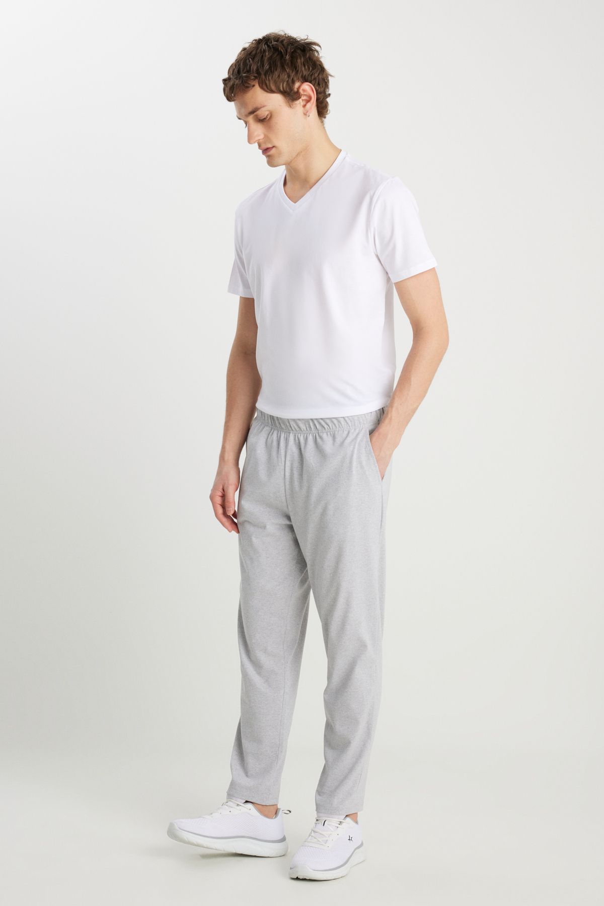 آلتین ییدلیز کلاسیکس ست پیژامه مردانه نخی راحت، یقه هفت، کمر کشی، جیب‌دار، طرح خاکستری ملانژ-سفید