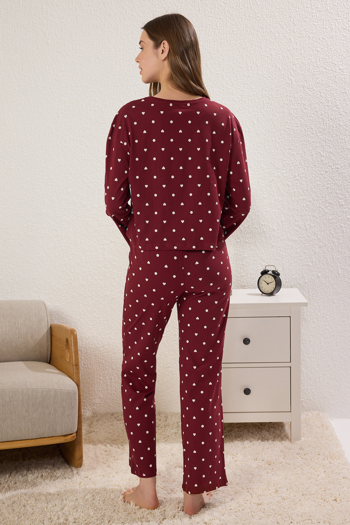 Trendyolmilla  Bordo %100 Pamuklu Puantiye ve Kalpli Örme Pijama Takımı THMAW25PT00039 - Görsel 4