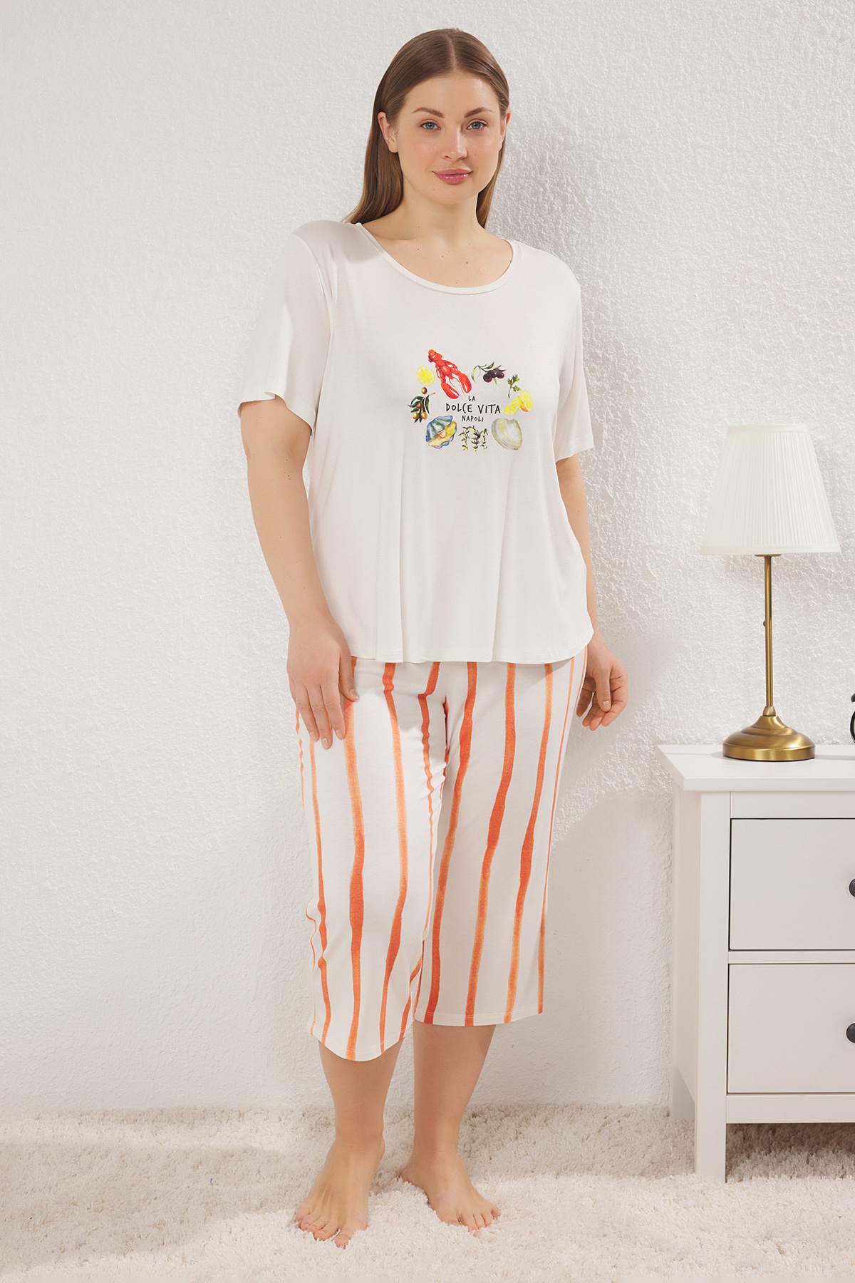 Trendyol Curve-Beige Striped Capri Length Knitted Pajamas Set Tbbss23Ai00009 1