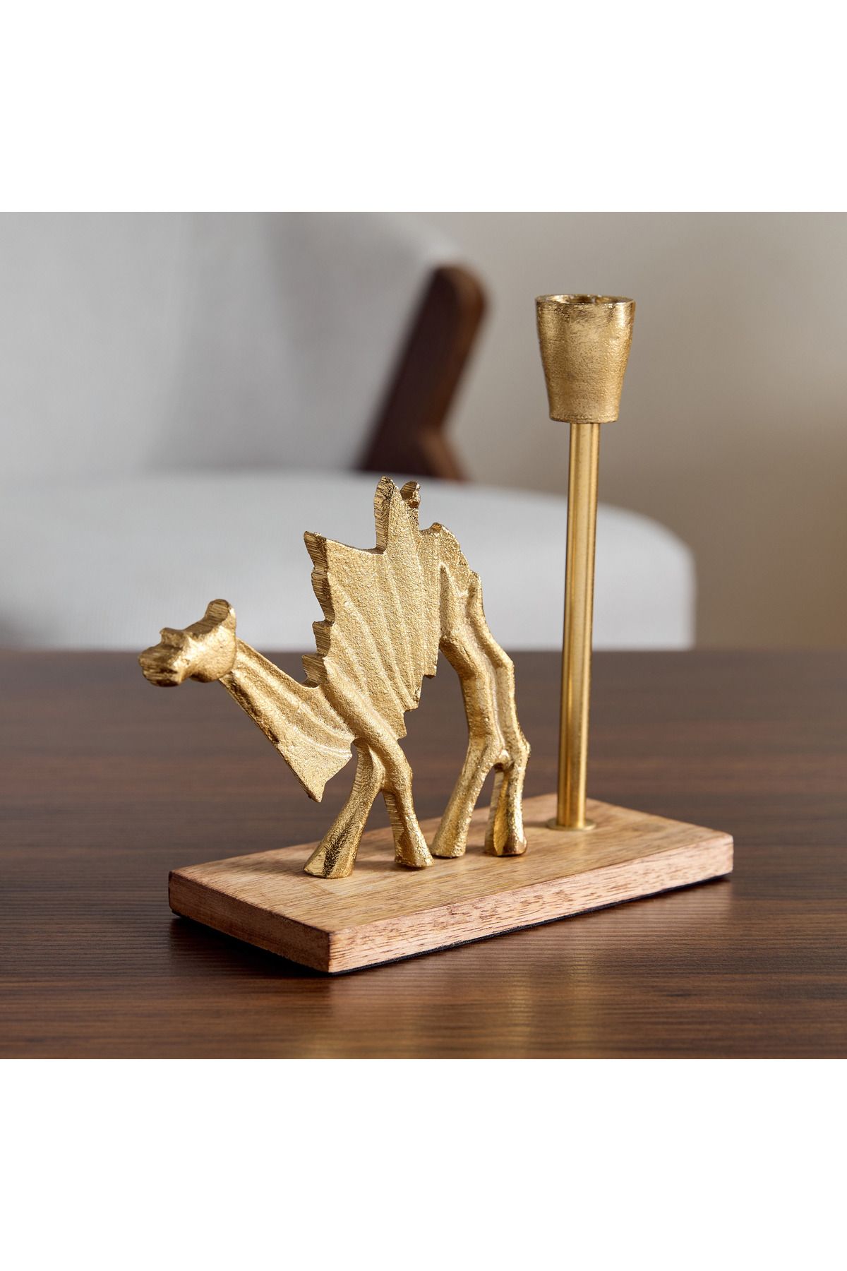 erorex-Rayon Aluminium Camel Taper Candleholder with Wooden Base - 21x8x18.5 cm 2