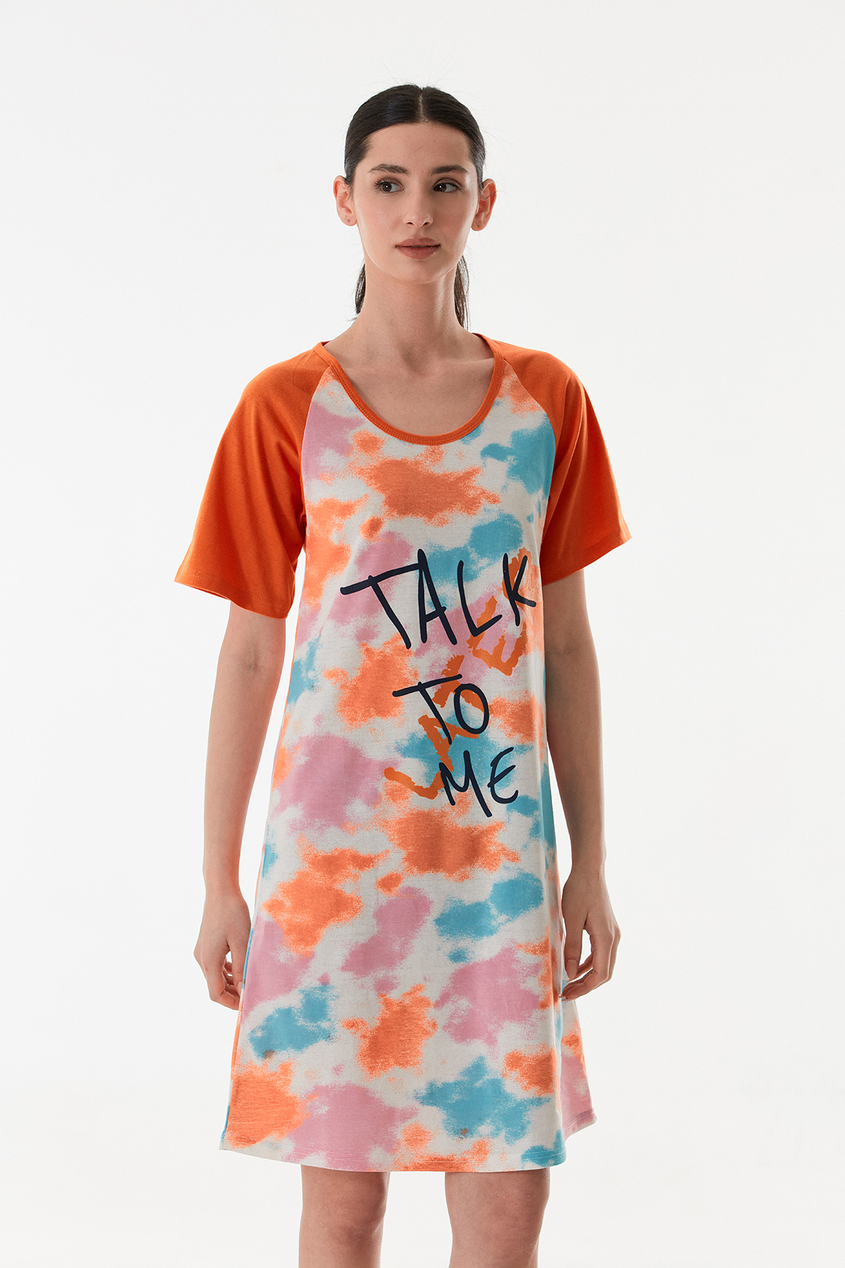 CALİA Kadın Batik Baskılı Yarım Kol Boydan Elbise Gecelik Pamuklu Kumaş