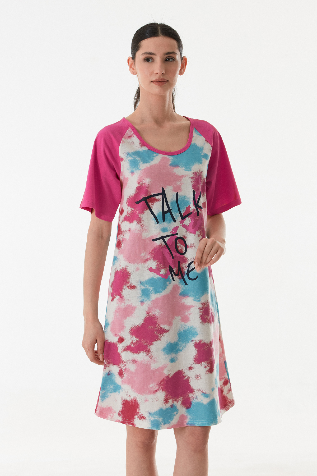 CALİA Kadın Batik Baskılı Yarım Kol Boydan Elbise Gecelik Pamuklu Kumaş