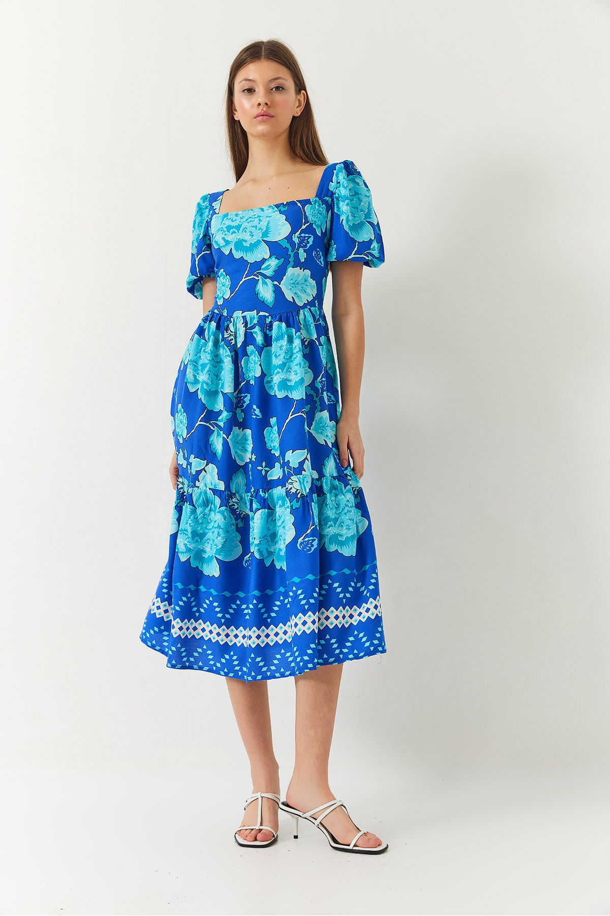 Bianco Lucci-Rochie de damă, cu mâneci pepene verde, cu decolteu pătrat, cu imprimeu Tericoton 60261412 3