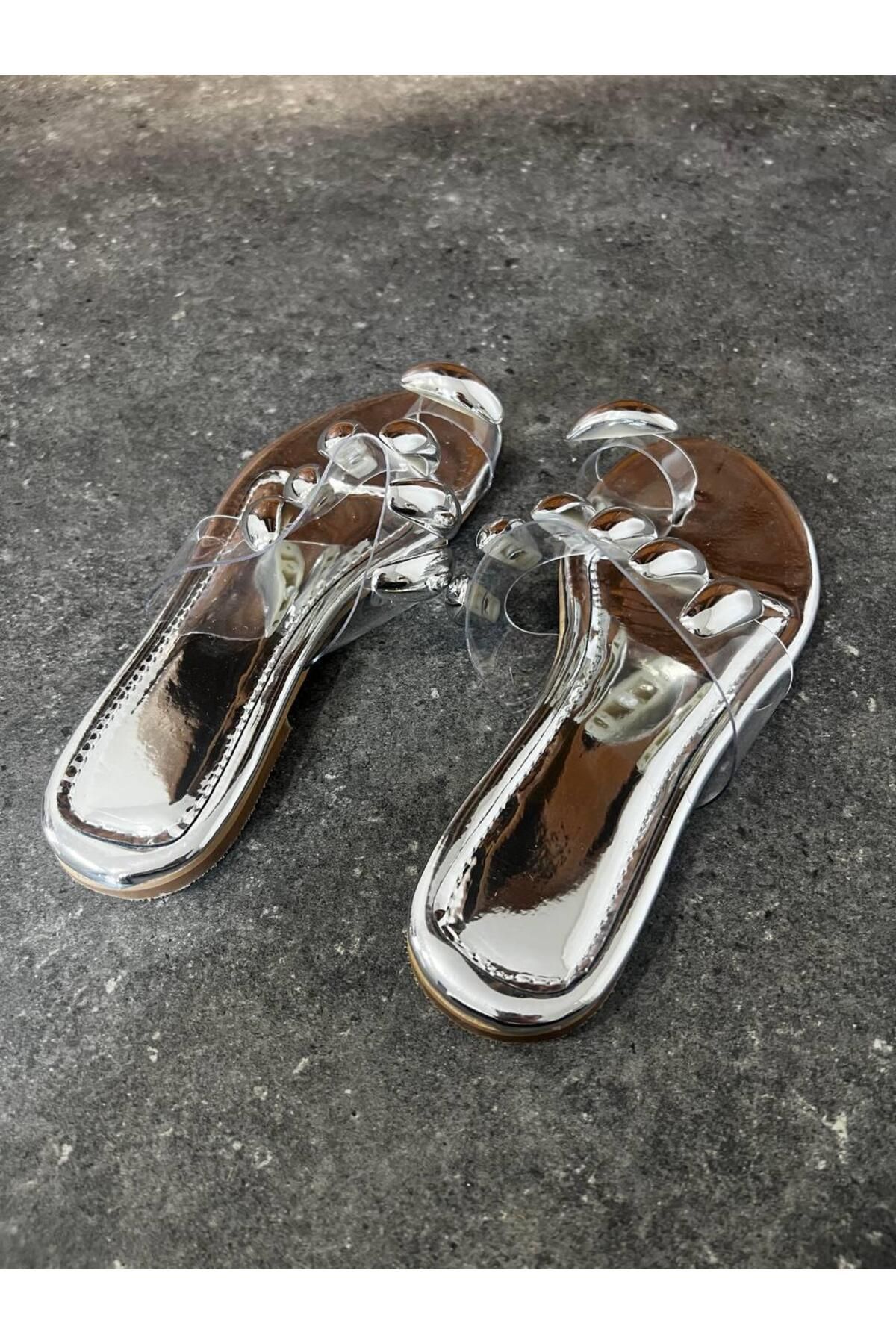 diclepolat-Papuci de damă Elegra Silver - Talpă plată, Flip Flops Transparente 3