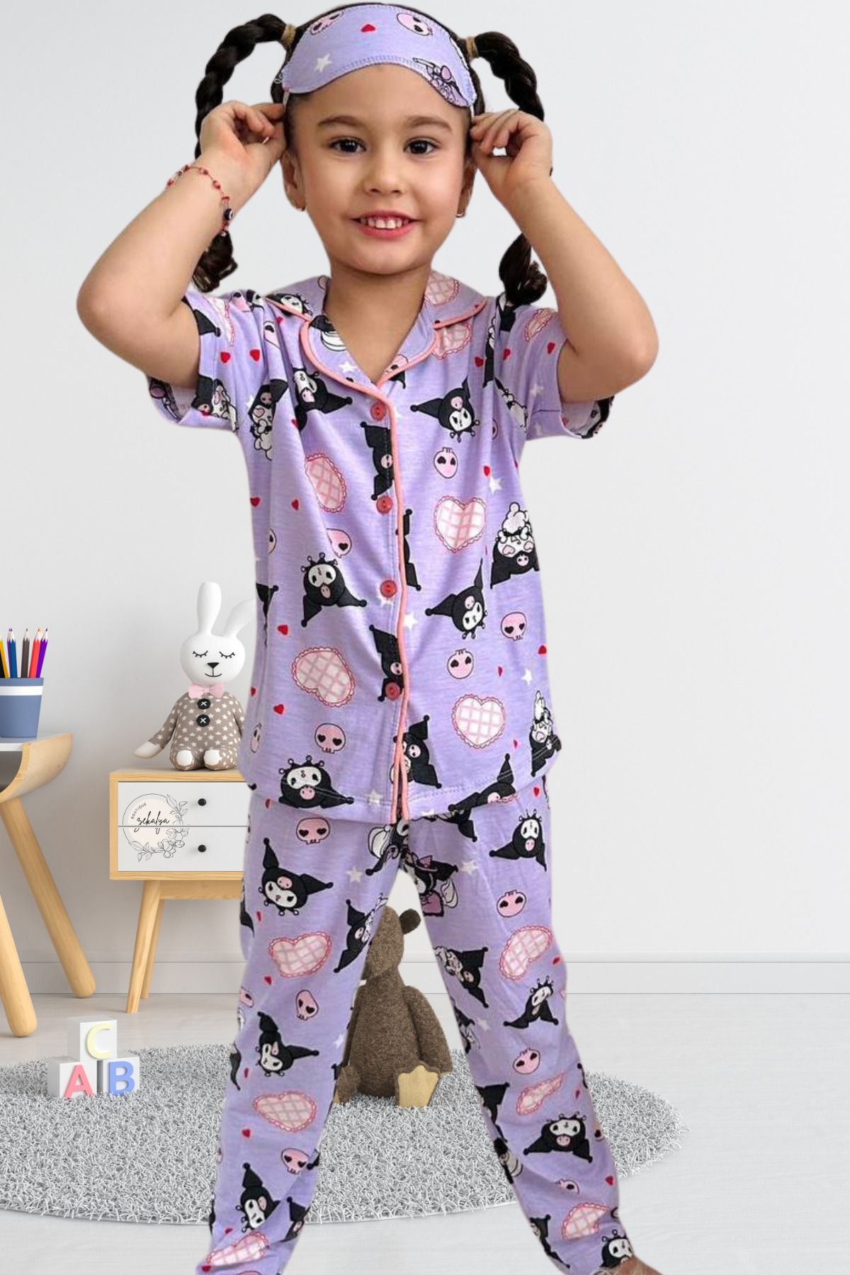 EQRU-Kuromi Girls' Shirt Collar Button Short Sleeve Summer Pajamas Set 1