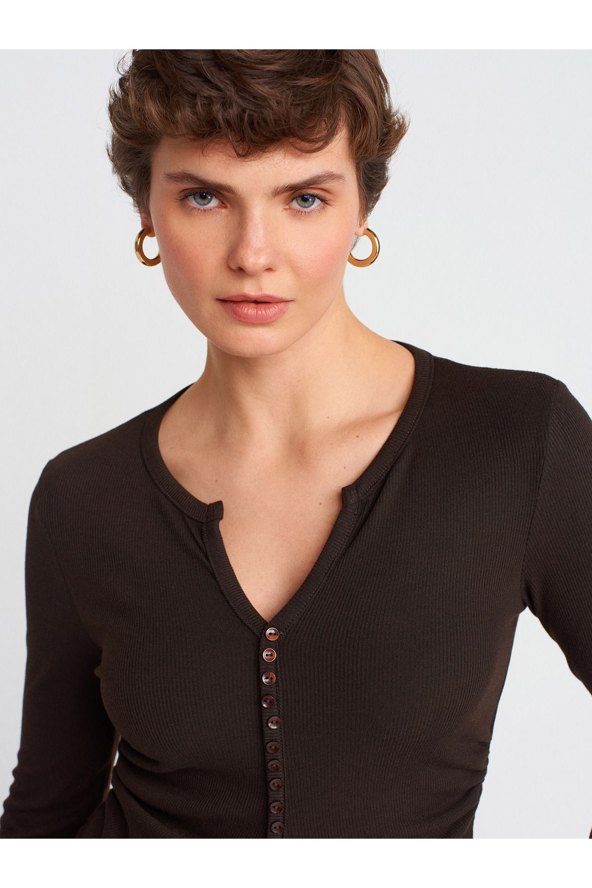 Dilvin-31548 Button Detailed Gathered Ball-Dark Brown 4