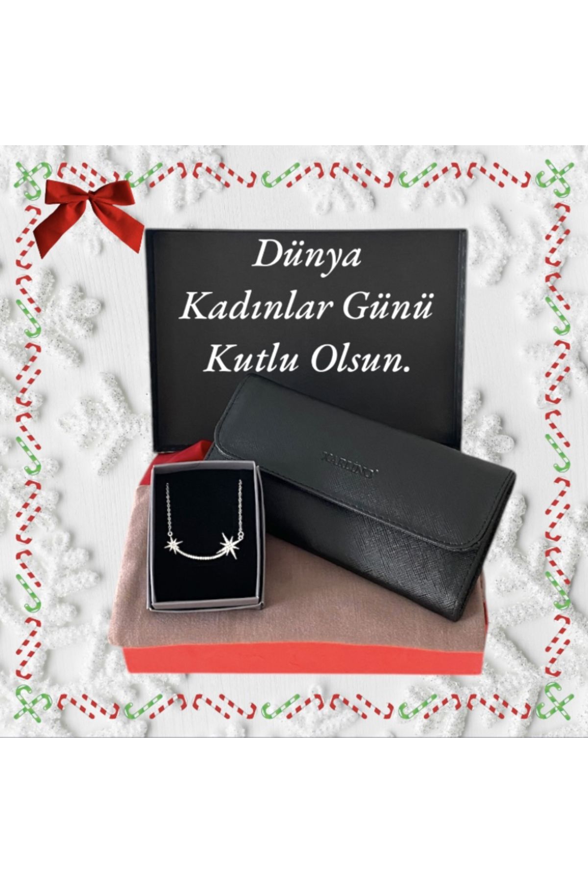 Carlino Hediye Seti Kadın Siyah Cüzdan-Penye Vizon Şal- Çelik Kolye