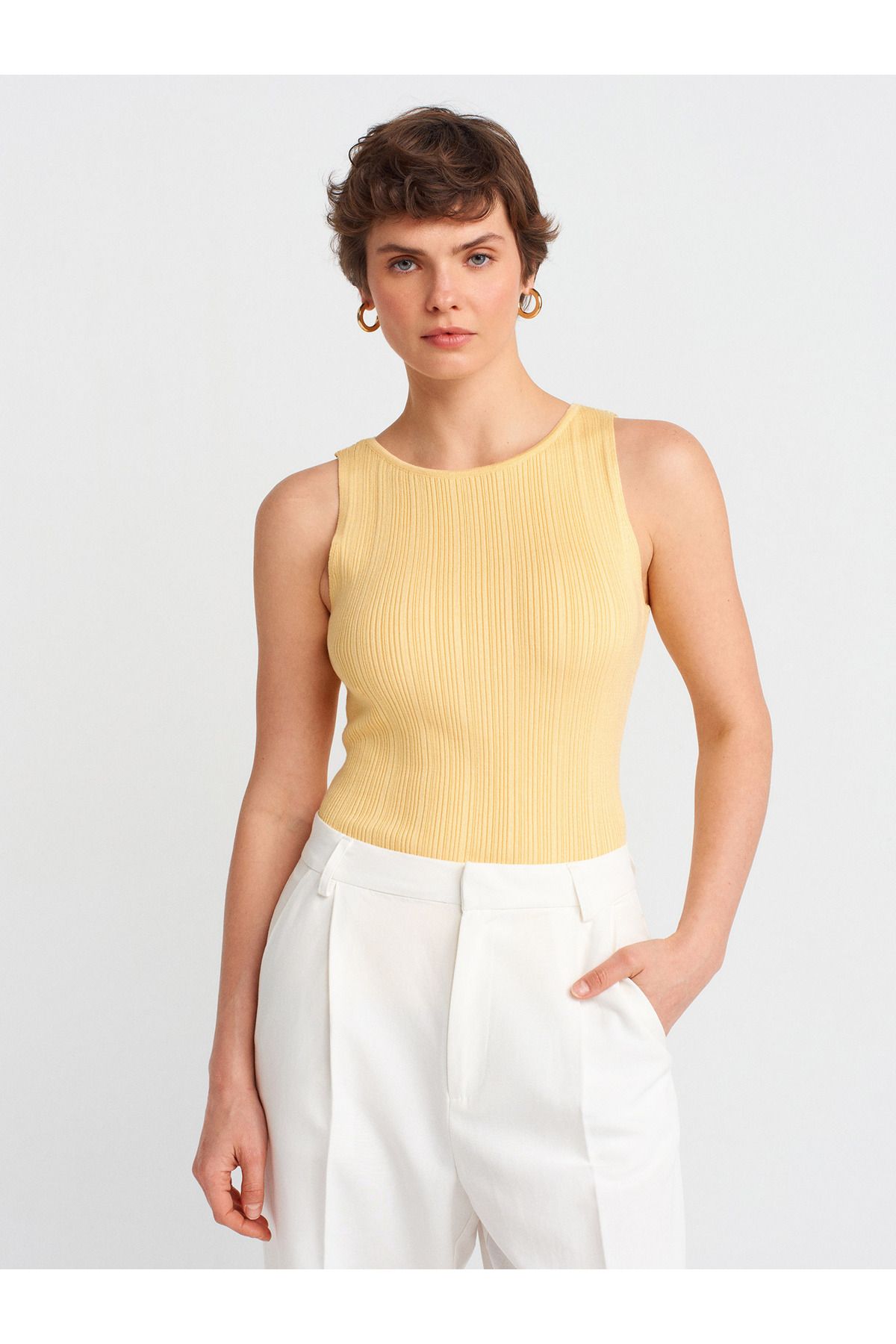 Dilvin-10726 Boat Neck Ribbed Knitwear Blouse-Yellow 1