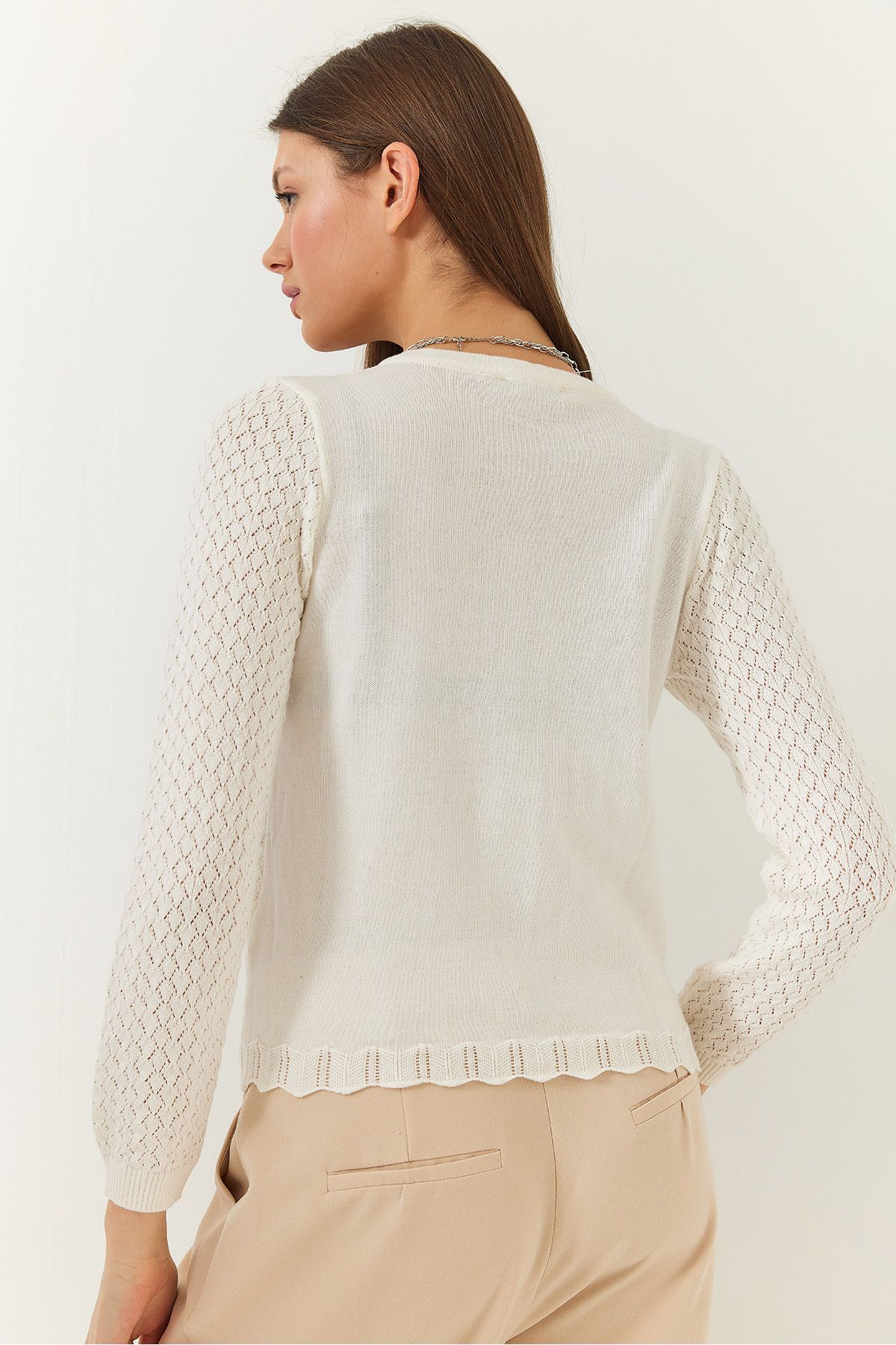 Bianco Lucci-Women's Openwork Button Closure Long Sleeve Knitwear Cardigan 60261448 6