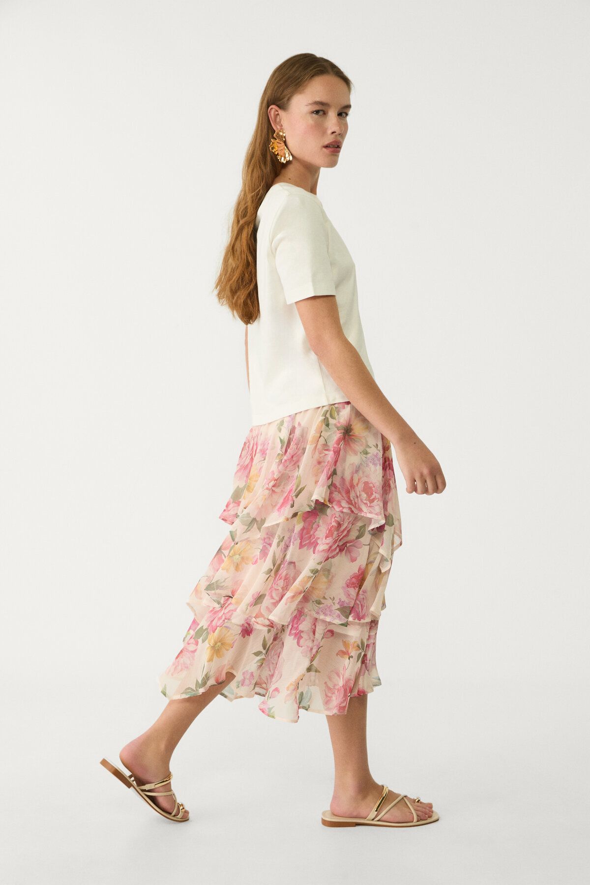 Stradivarius-Printed midi skirt with ruffles 3