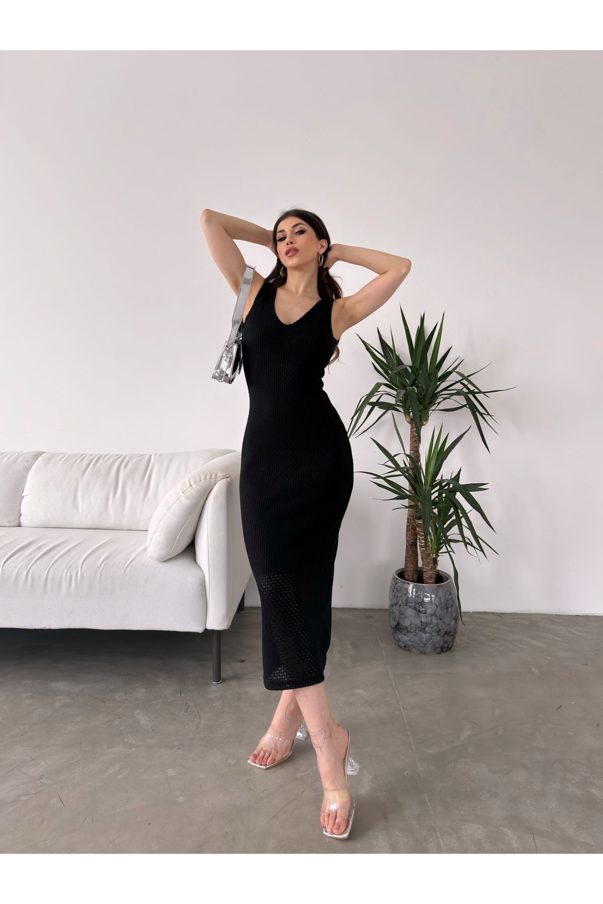 Fav Style Rochie Midi Neagră - Decolteu În V, Detaliu De Legare La Spate, Căptușită Cu Fante Femeie - XL