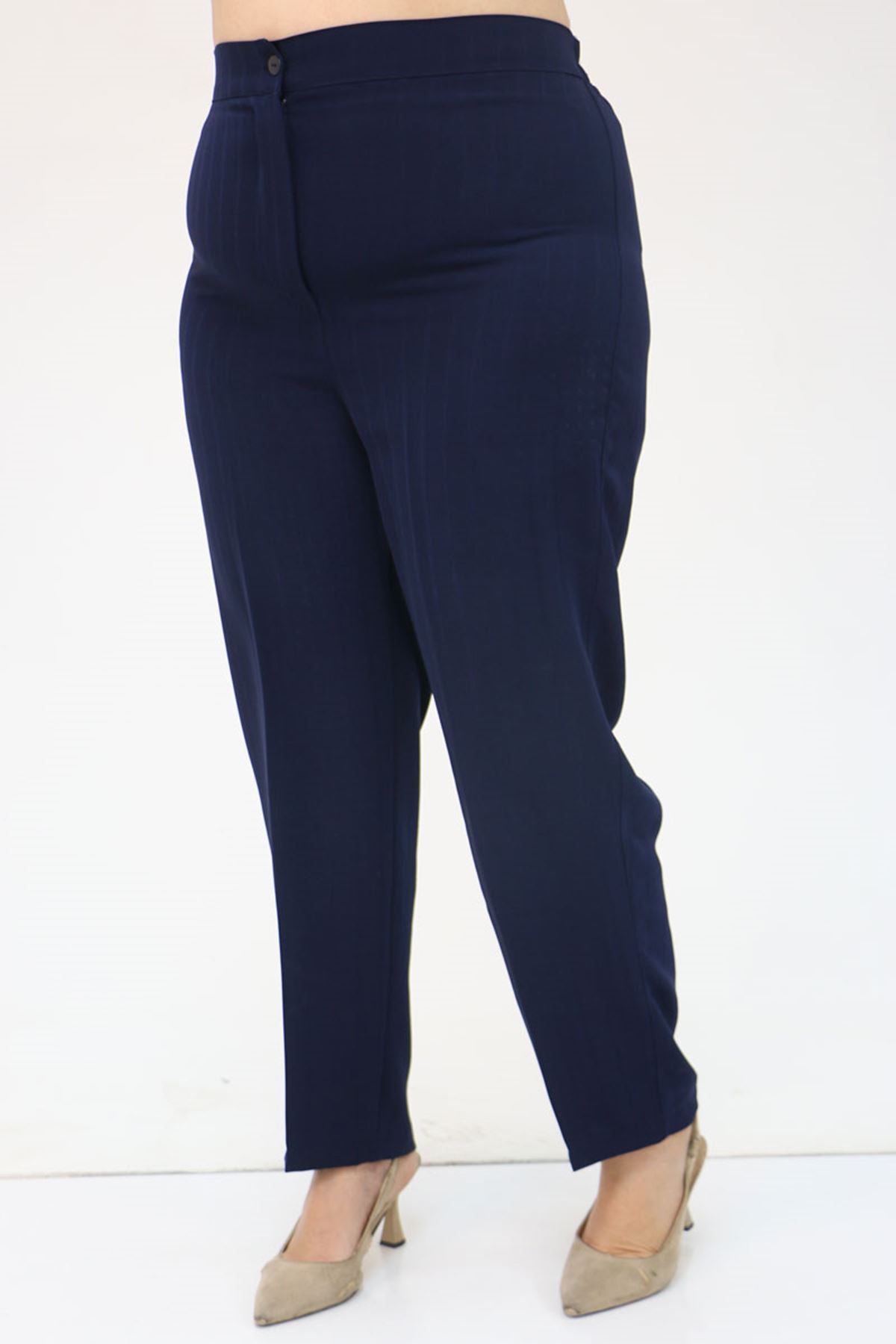Eslina-49034 Large Size Striped Crepe Trousers with Half Elastic Waist - Navy Blue 5