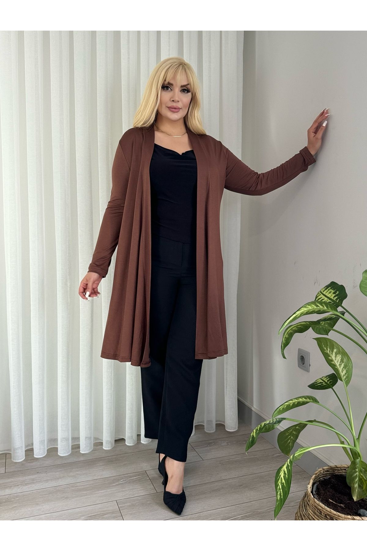 LİKRA-Women's Large Size Asymmetric Cut Flexible Cardigan (Accessory Not Included) 1