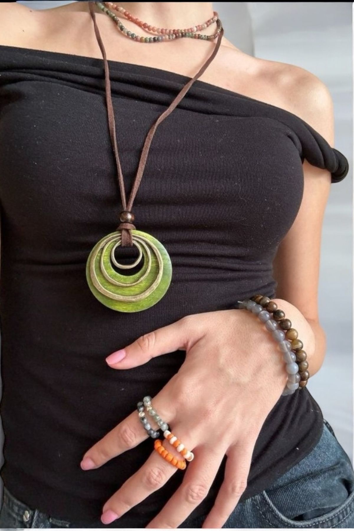 Huit-Spiral Bohemian Green Rope Necklace Can Also Be Used Short 1