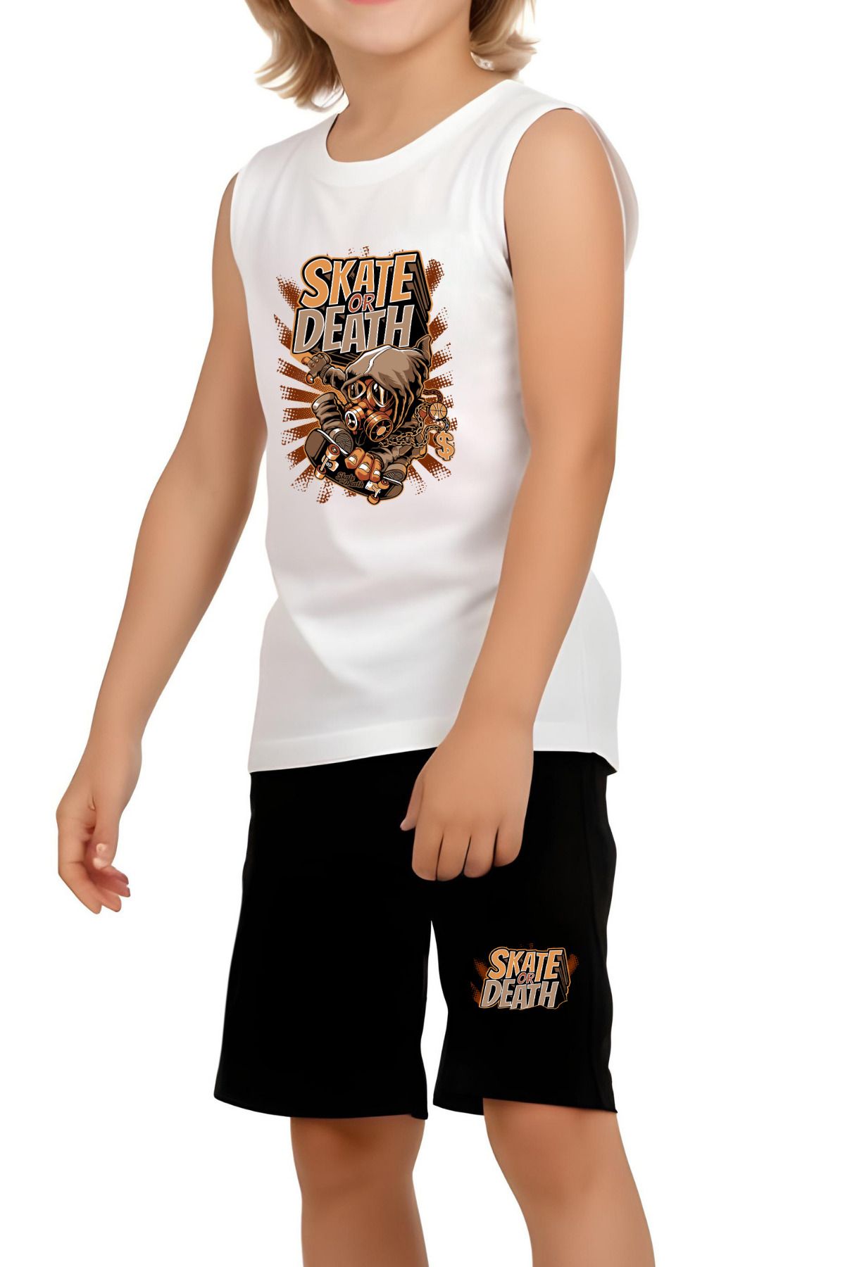 FYK COLLECTİON-Skate or Deaths Printed Boys' Suspender T-Shirt and Shorts Set Top and Bottom 4