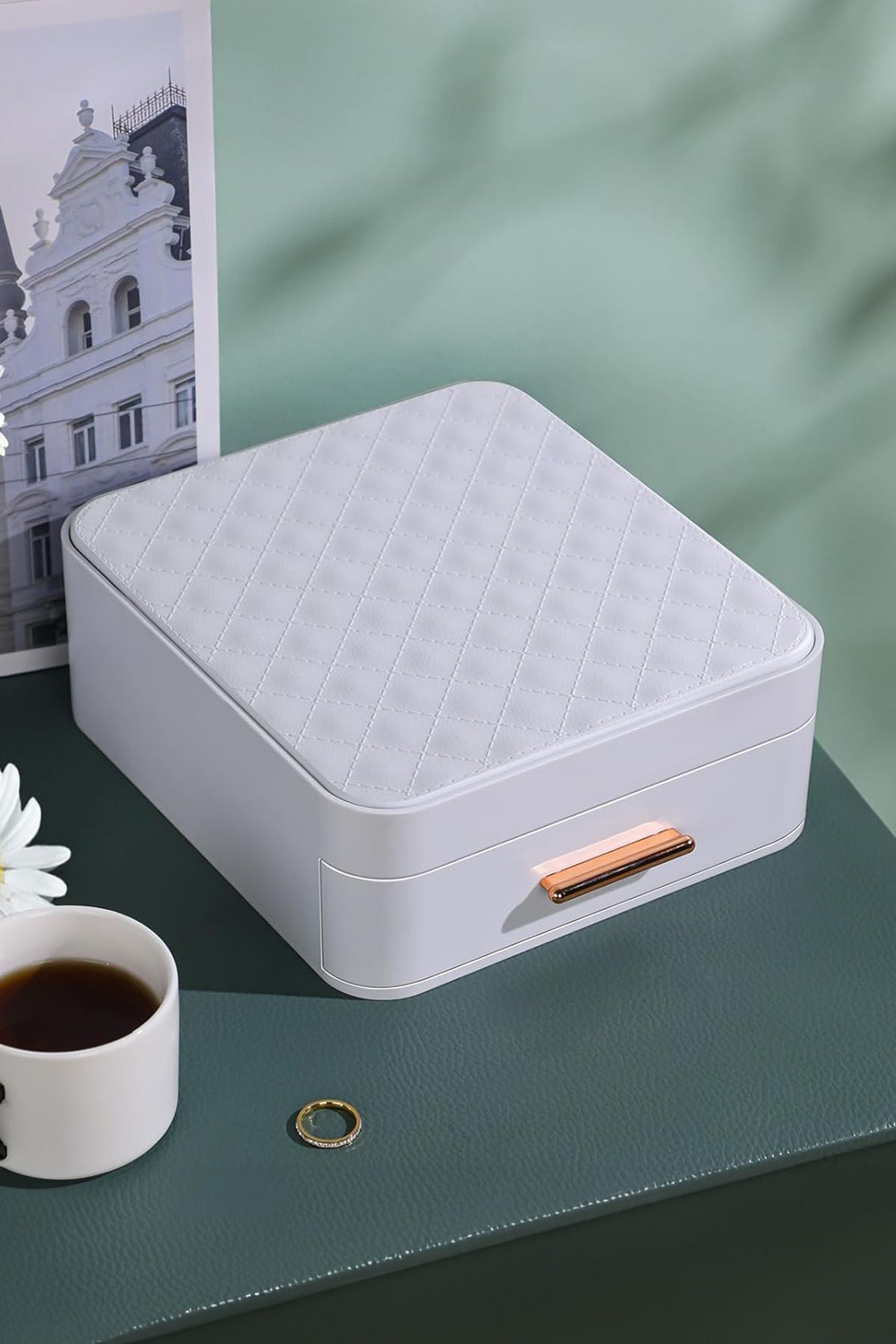 Kitchen Life-Organizator de bijuterii pentru machiaj cu oglindă cu 9 compartimente și sertar / Organizator de machiaj ușor de deschis și închis 4