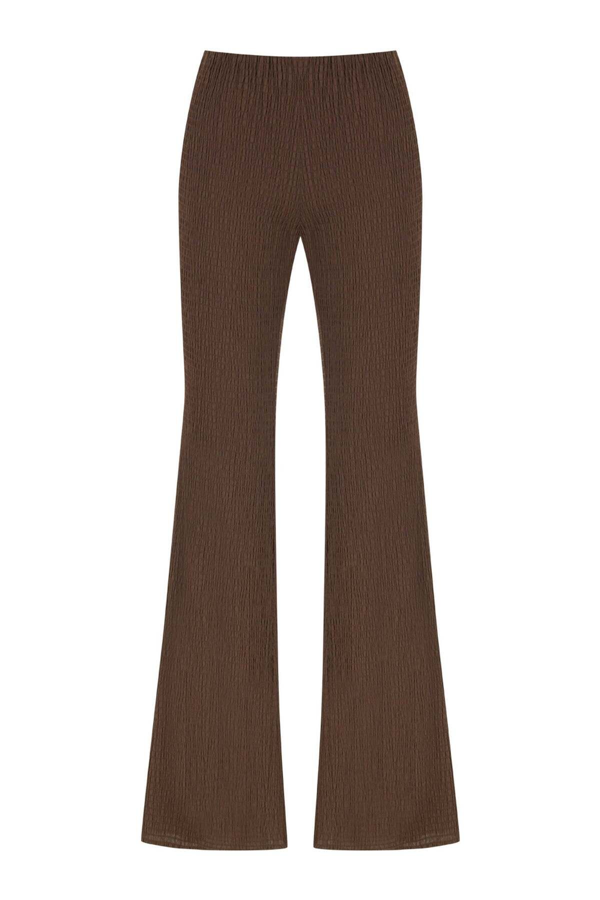 Nocturne-Women's High Cut Elastic Waist Pants - Spanish Leg, Brown, N25Yn3337-Brown 1