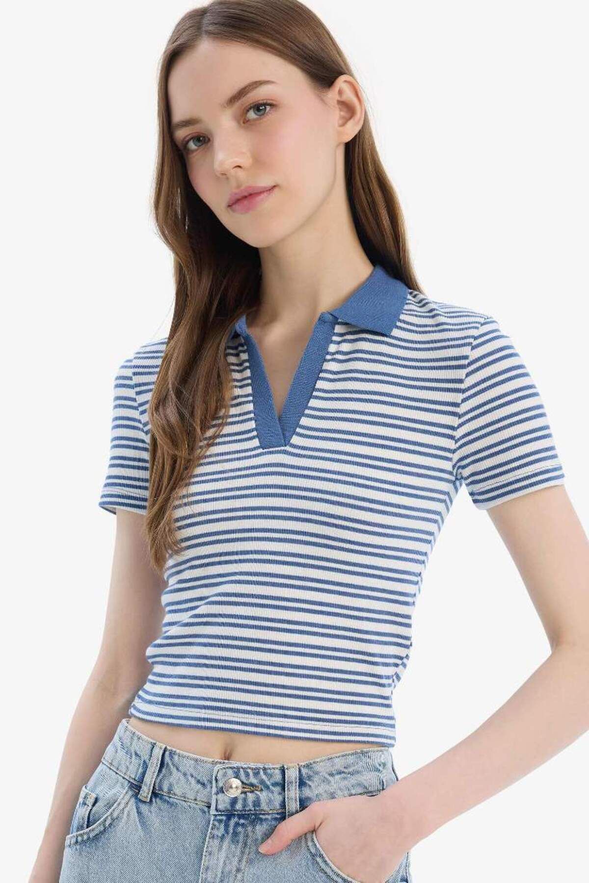 DeFacto Yeni Sezon Fitted Polo Yaka Çizgili Fitilli Kaşkorse Kısa Kollu Tişört