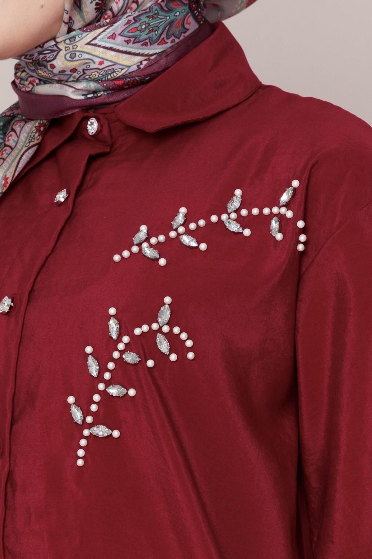 Sevitli-Tunic with Pearl Stone Embroidery on the Front-Burgundy 4