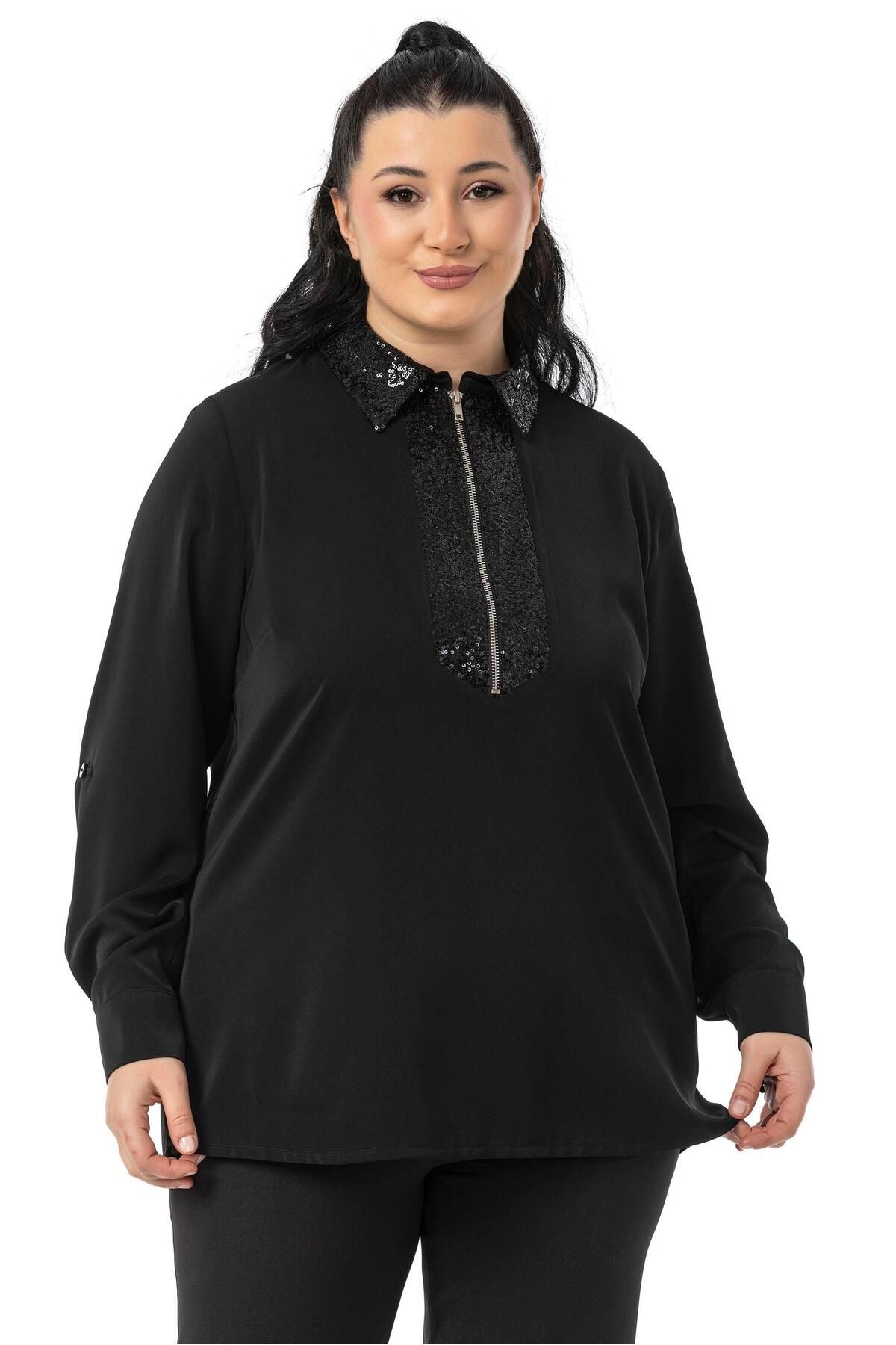 DISENTIS MODEST-Plus Size Collar and Front Sequined Zipper Fold Sleeves Black Shirt 1