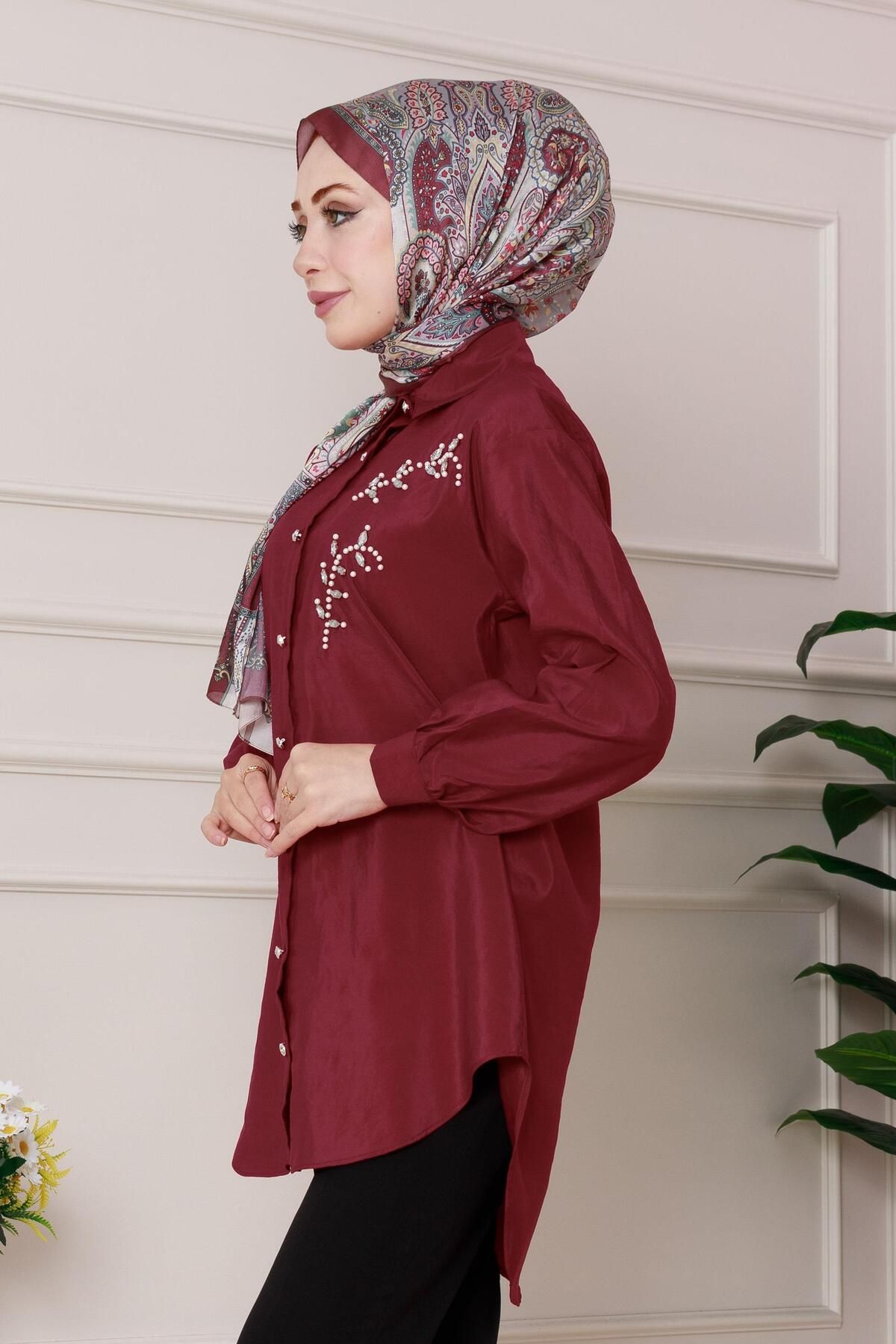 Sevitli-Tunic with Pearl Stone Embroidery on the Front-Burgundy 3