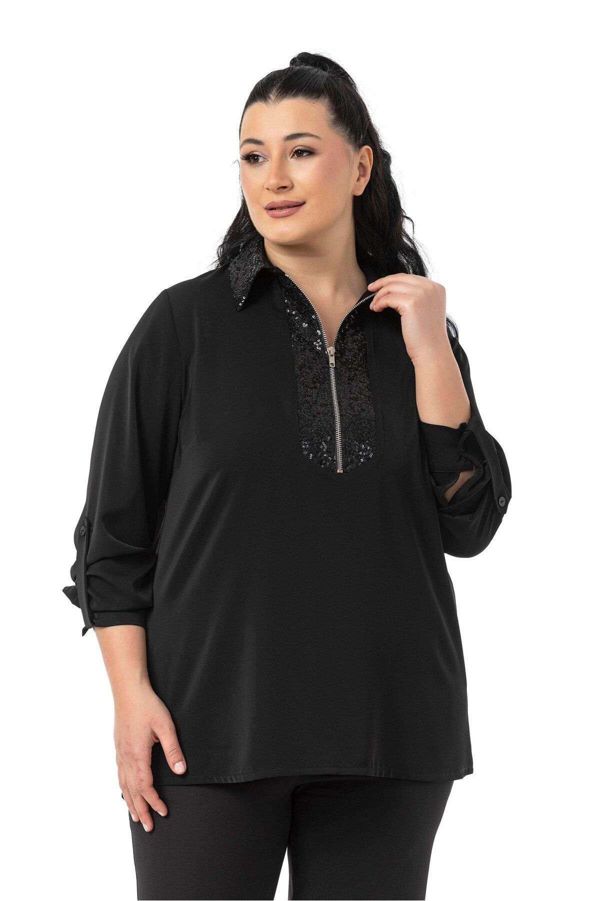 DISENTIS MODEST-Plus Size Collar and Front Sequined Zipper Fold Sleeves Black Shirt 5