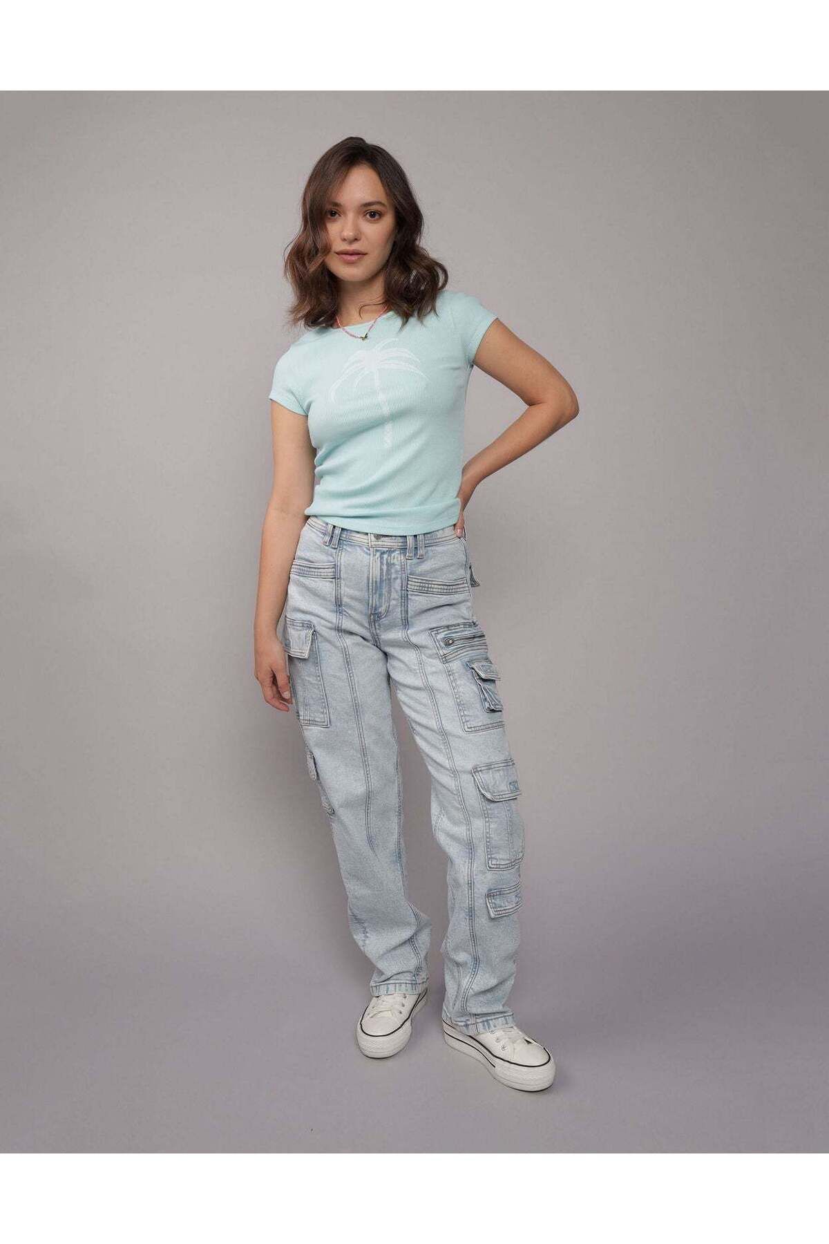 AMERICAN EAGLE-AE Stretch Super High-Waisted Baggy Straight Cargo Jean 1