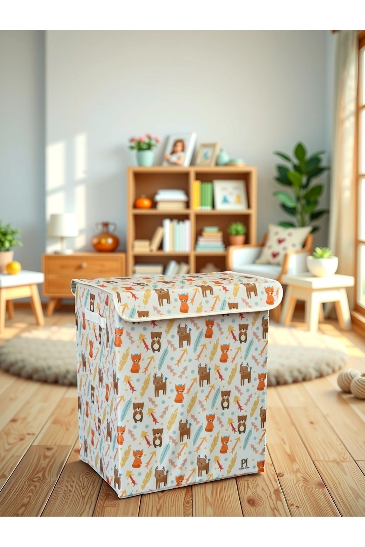 PH Prendi Home Wild Animals 2 Büyük Boy Kapaklı Kirli Çamaşır Oyuncak Düzenleyici Saklama Kutusu Sepeti 40x50x30