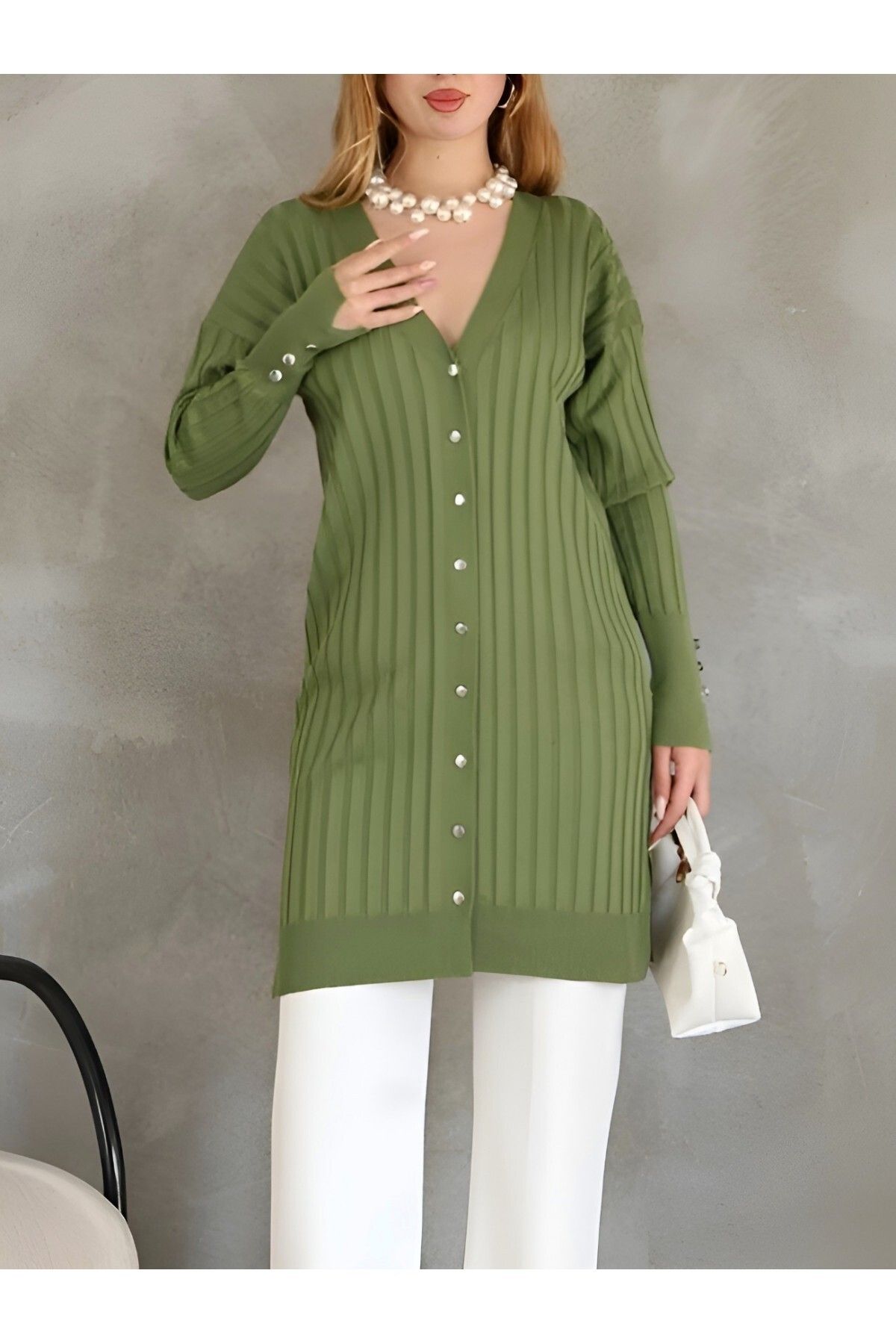 Modamorfo-Metal Buttoned Slit Knitwear Cardigan - Green 2