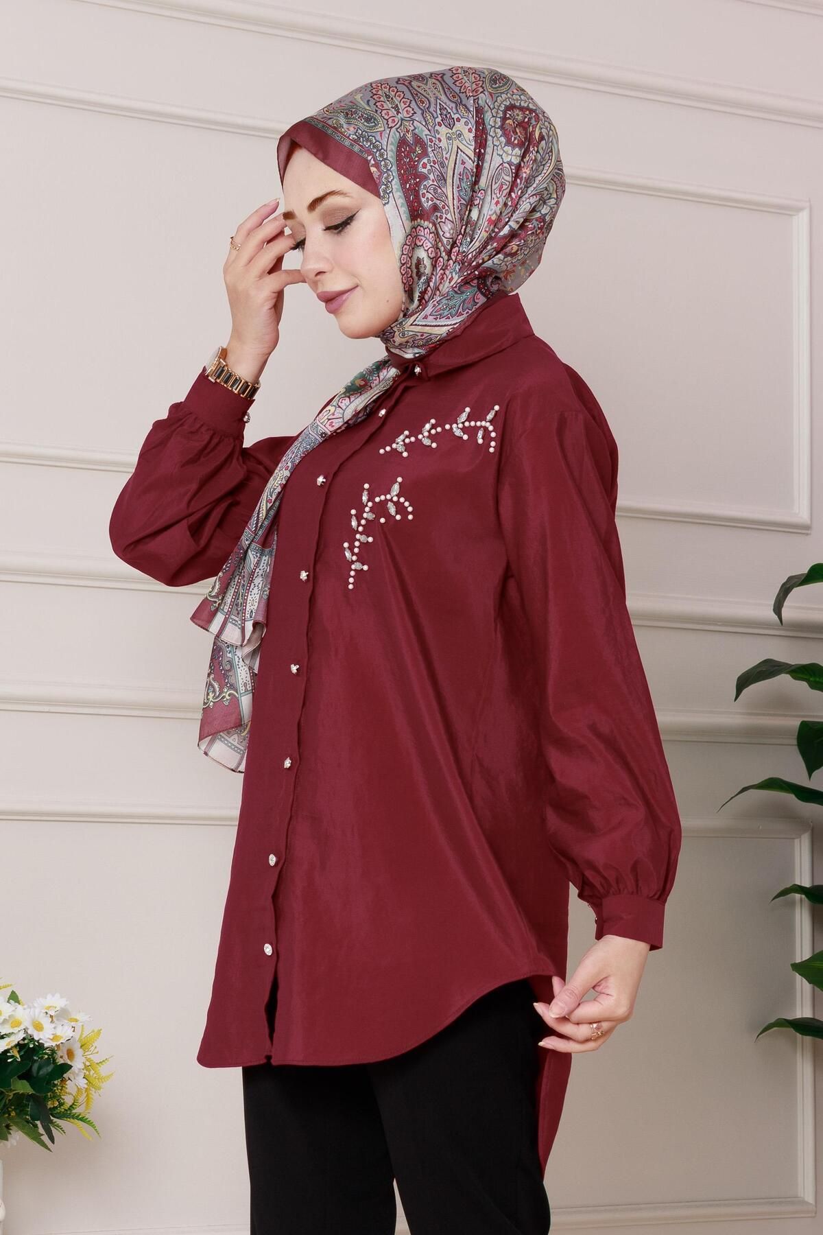 Sevitli-Tunic with Pearl Stone Embroidery on the Front-Burgundy 2