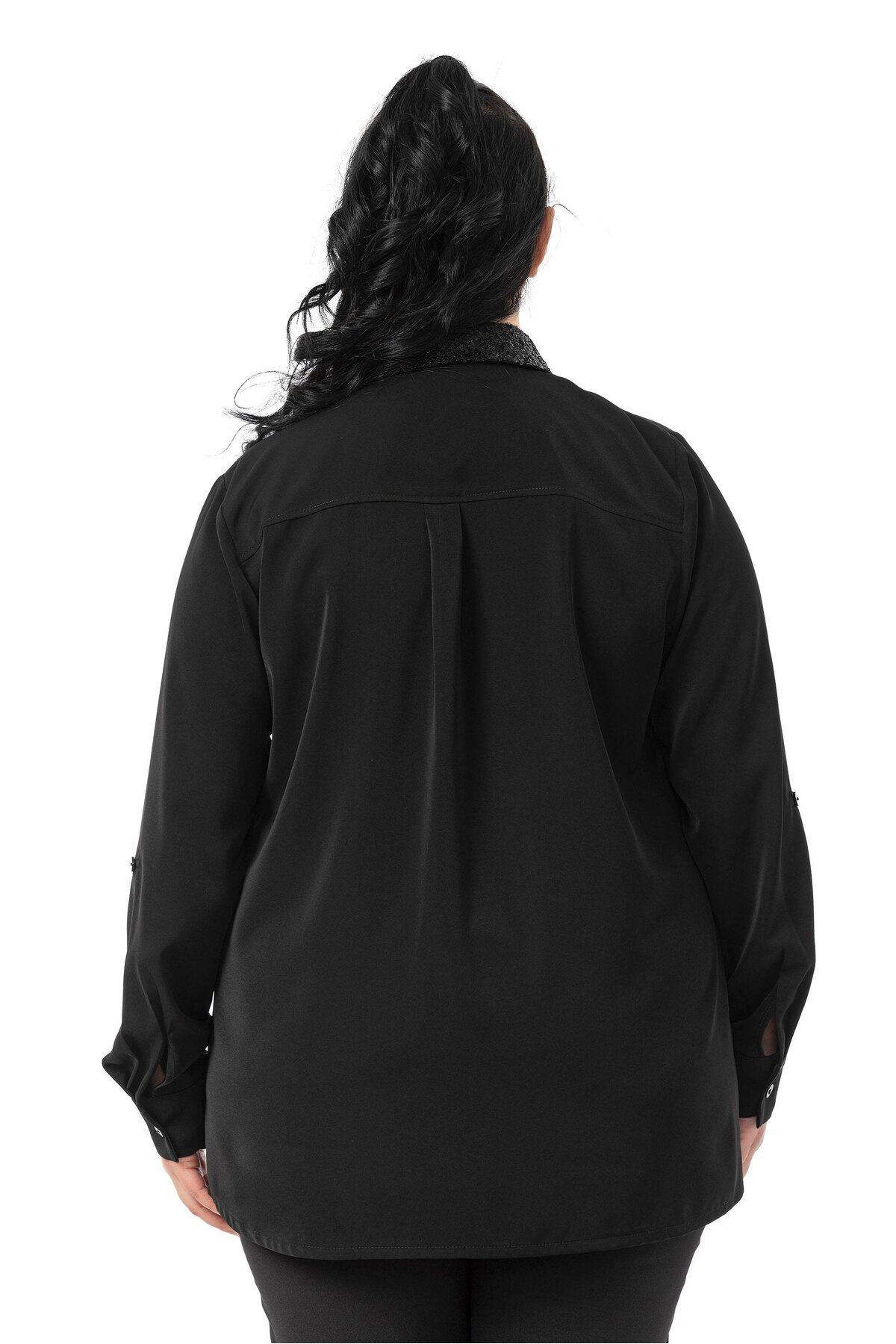 DISENTIS MODEST-Plus Size Collar and Front Sequined Zipper Fold Sleeves Black Shirt 3