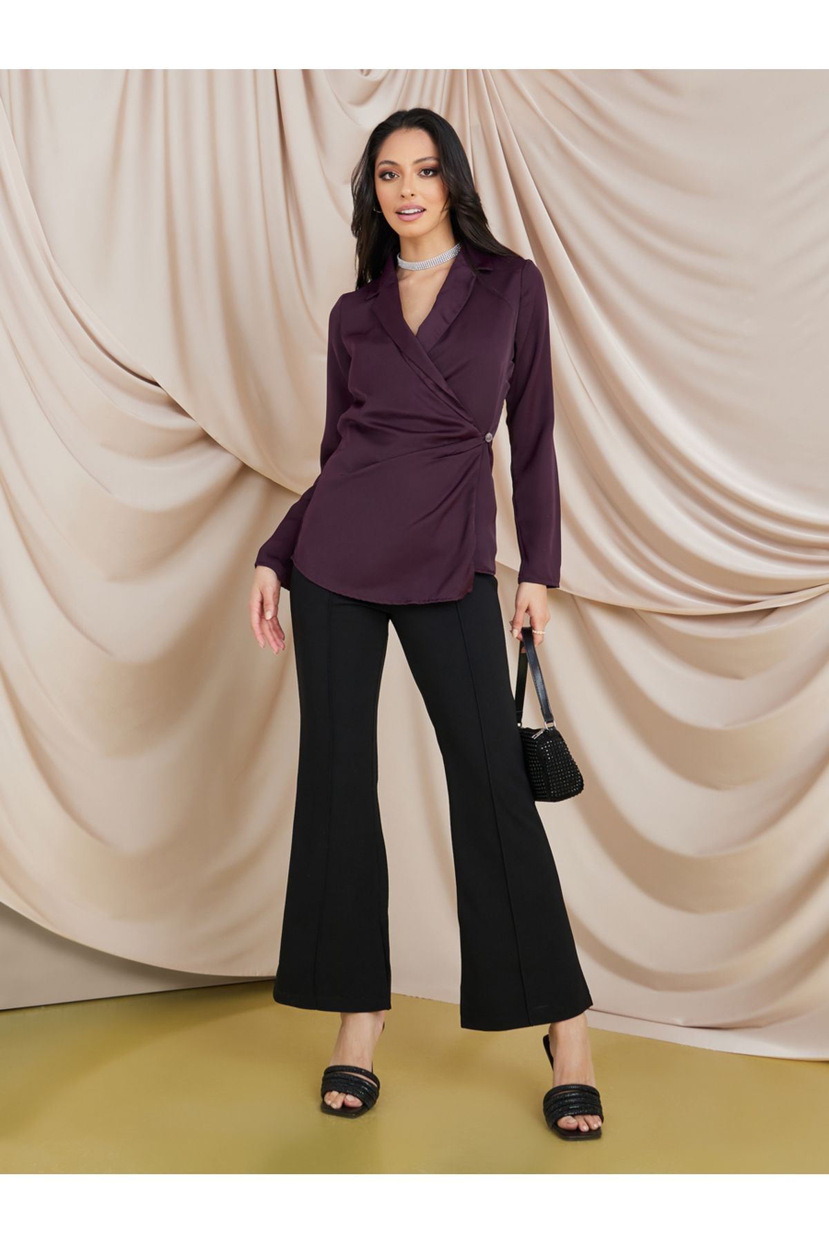 Styli-Notch Lapel Wrap Top with Front Button 2